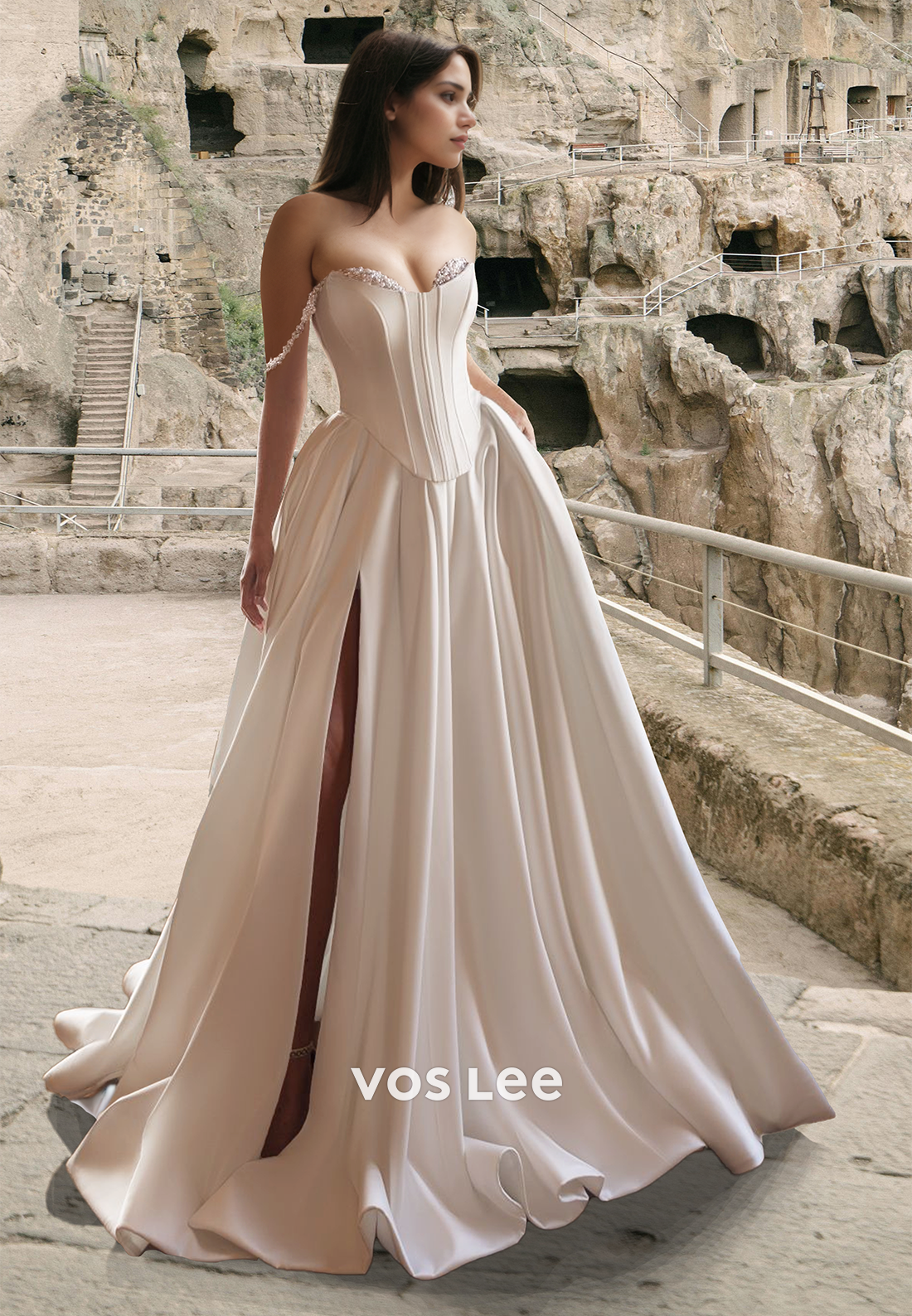 Modest A-Line Off Shoulder Detachable Pleated Satin Court Train Wedding Gown