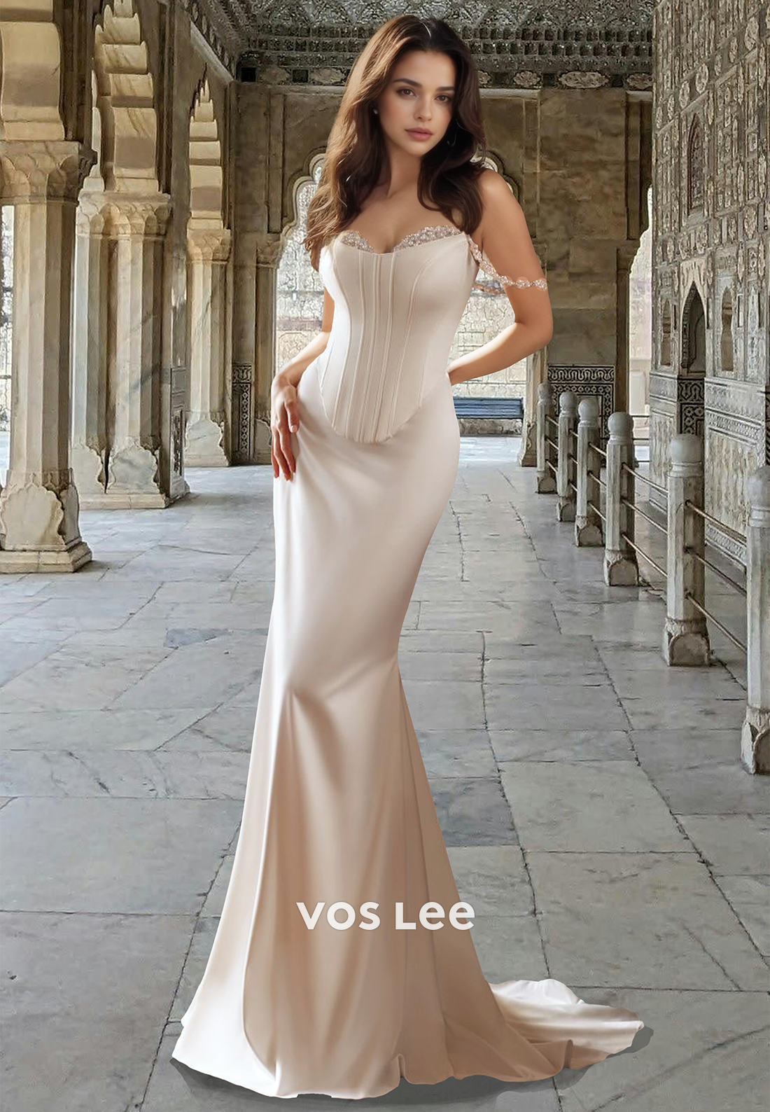 Modest A-Line Off Shoulder Detachable Pleated Satin Court Train Wedding Gown