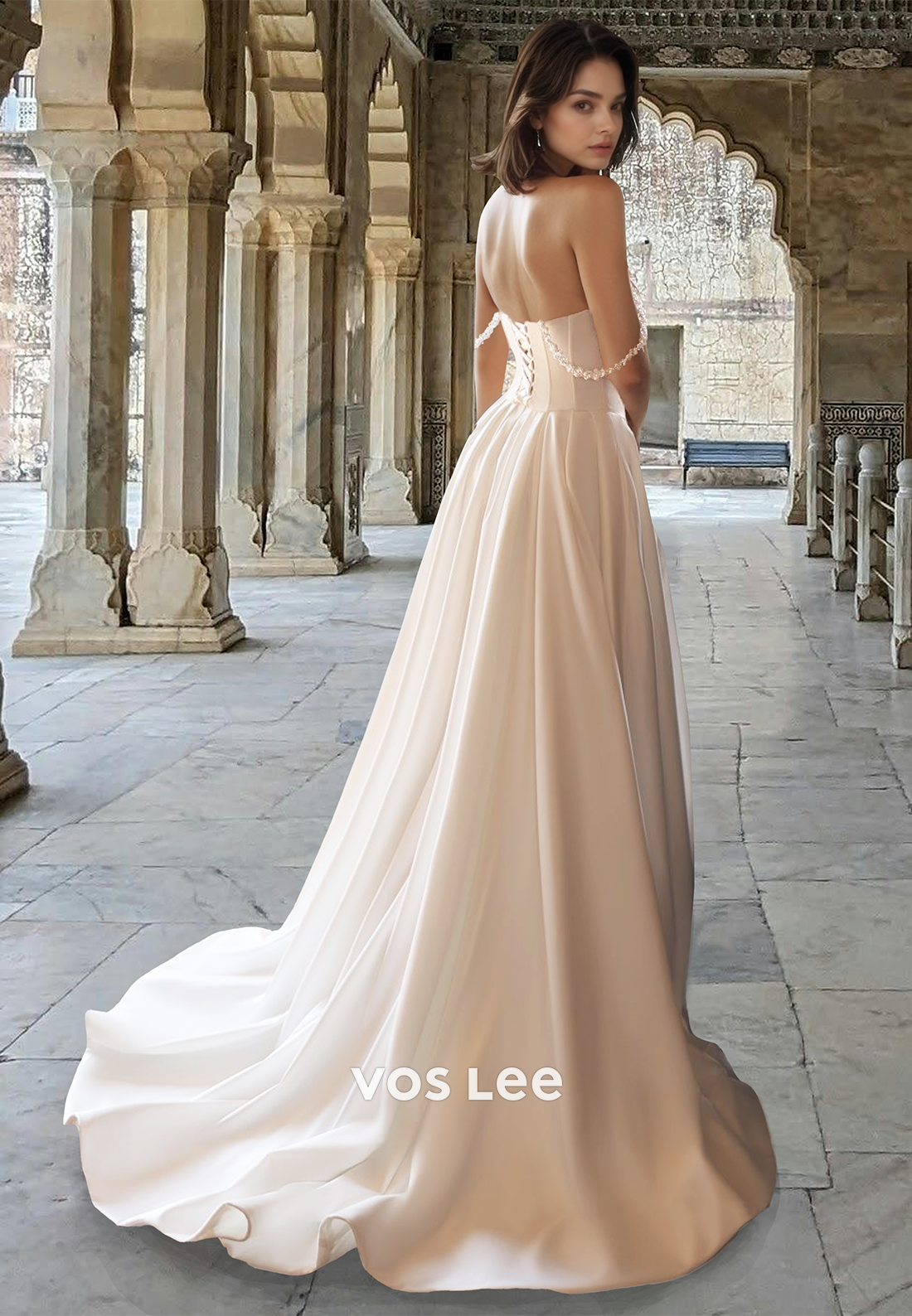 Modest A-Line Off Shoulder Detachable Pleated Satin Court Train Wedding Gown