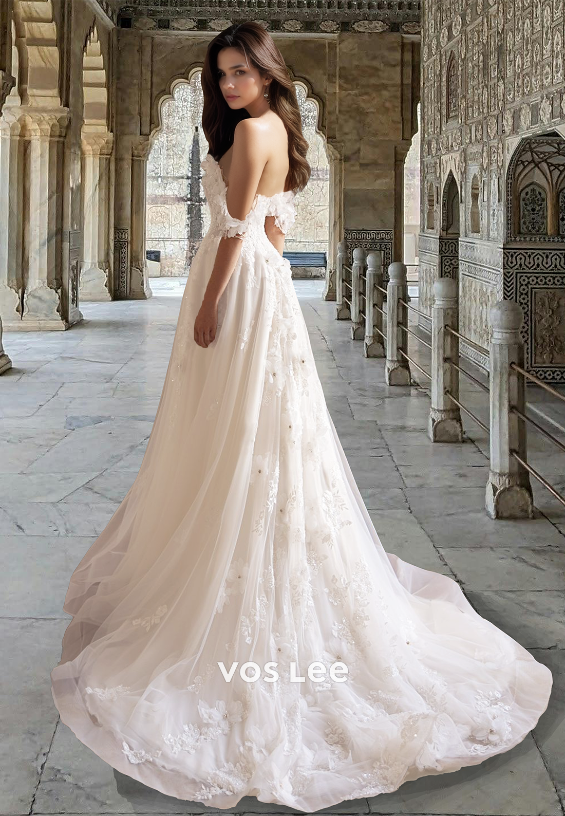 Unqiue A-Line Off Shoulder Lace Appliques Beaded 3D Floral Tulle Wedding Gown