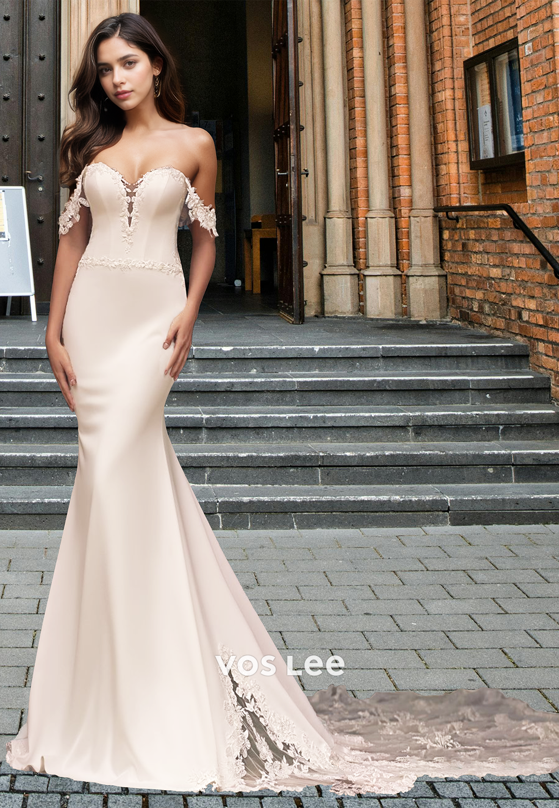 Elegant Mermaid Off Shoulder Court Train Lace Appliques Satin Wedding Dress