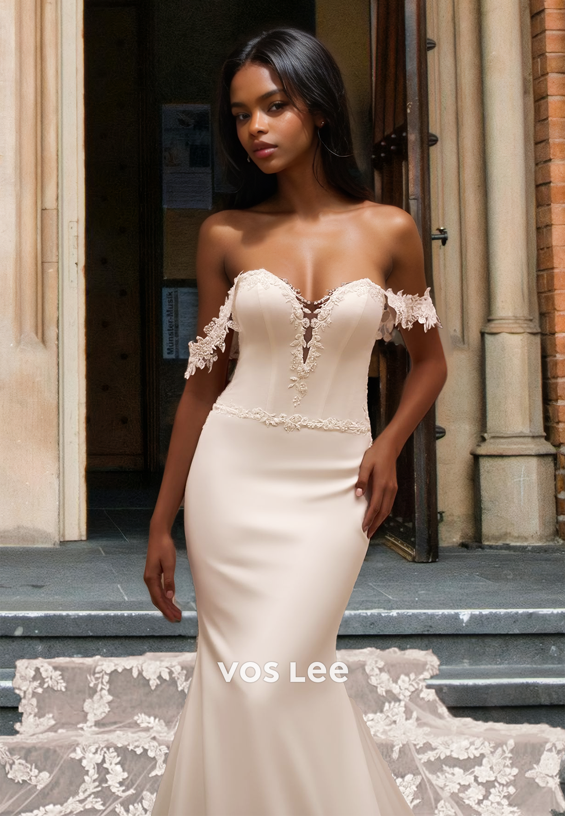 Elegant Mermaid Off Shoulder Court Train Lace Appliques Satin Wedding Dress