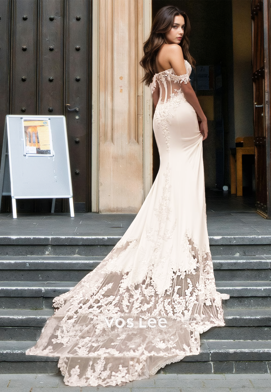 Elegant Mermaid Off Shoulder Court Train Lace Appliques Satin Wedding Dress