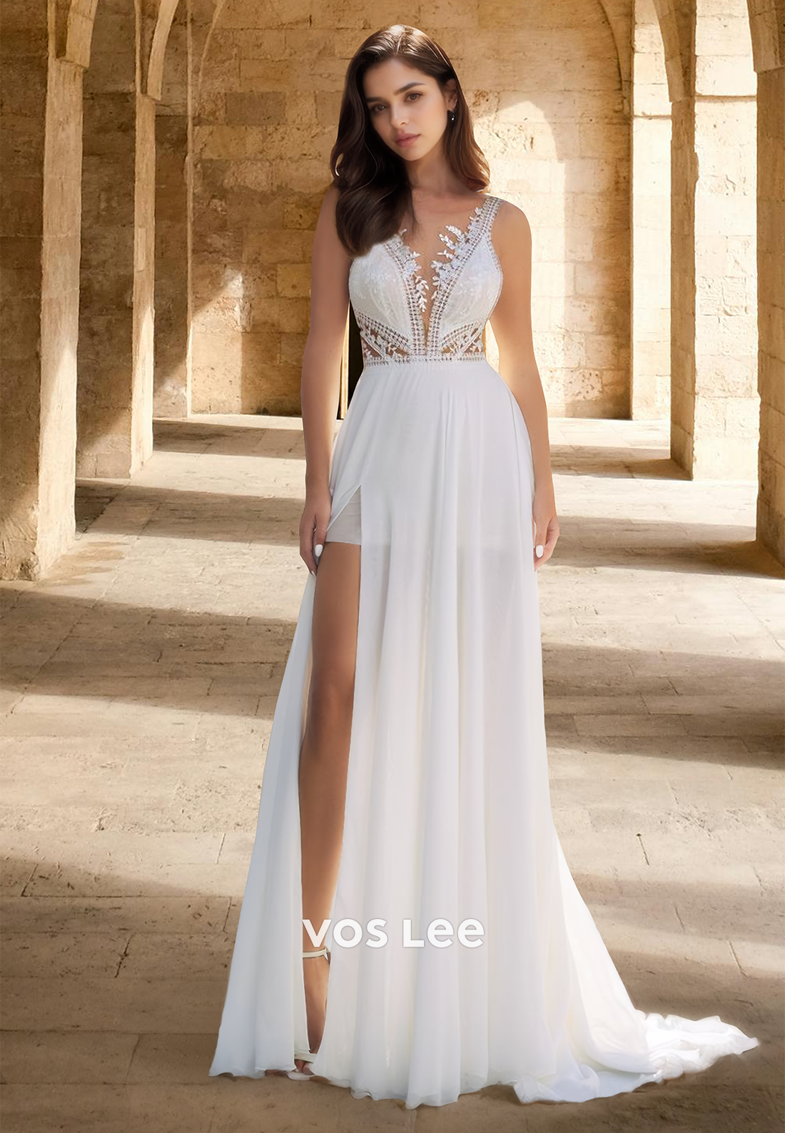 Classy A-Line V Neck Spaghetti Straps Side Split Lace Pleated Wedding Dress