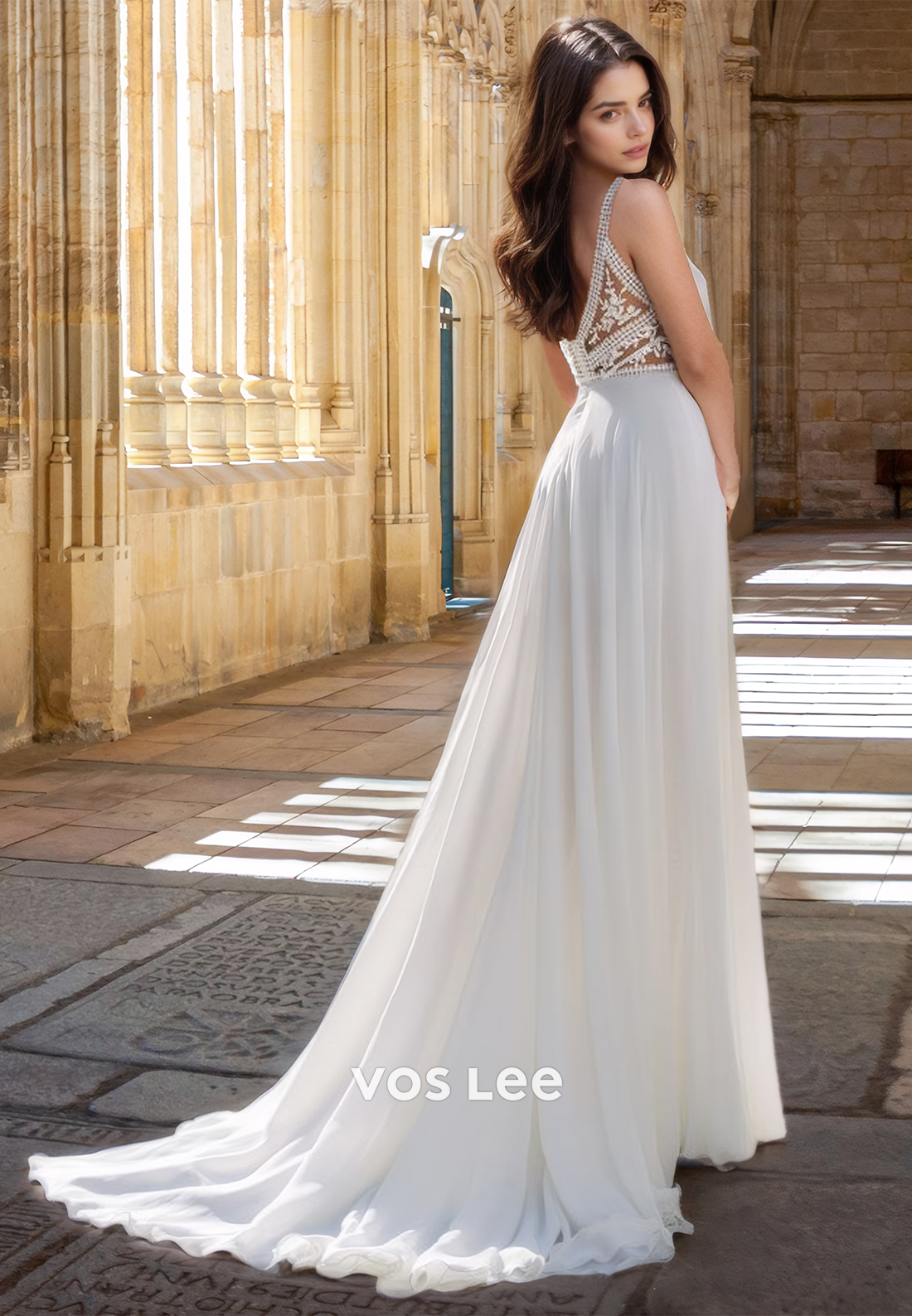 Classy A-Line V Neck Spaghetti Straps Side Split Lace Pleated Wedding Dress