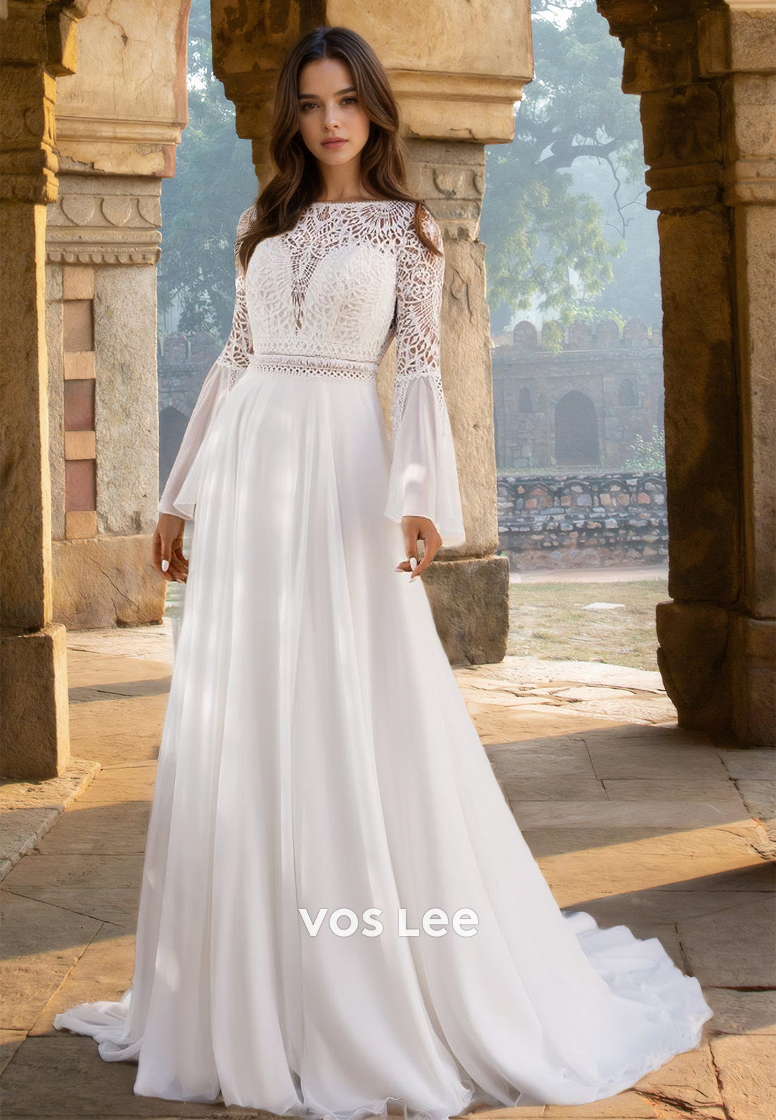 Modest A-Line Bateau Long Sleeves Backless Court Train Wedding Dress