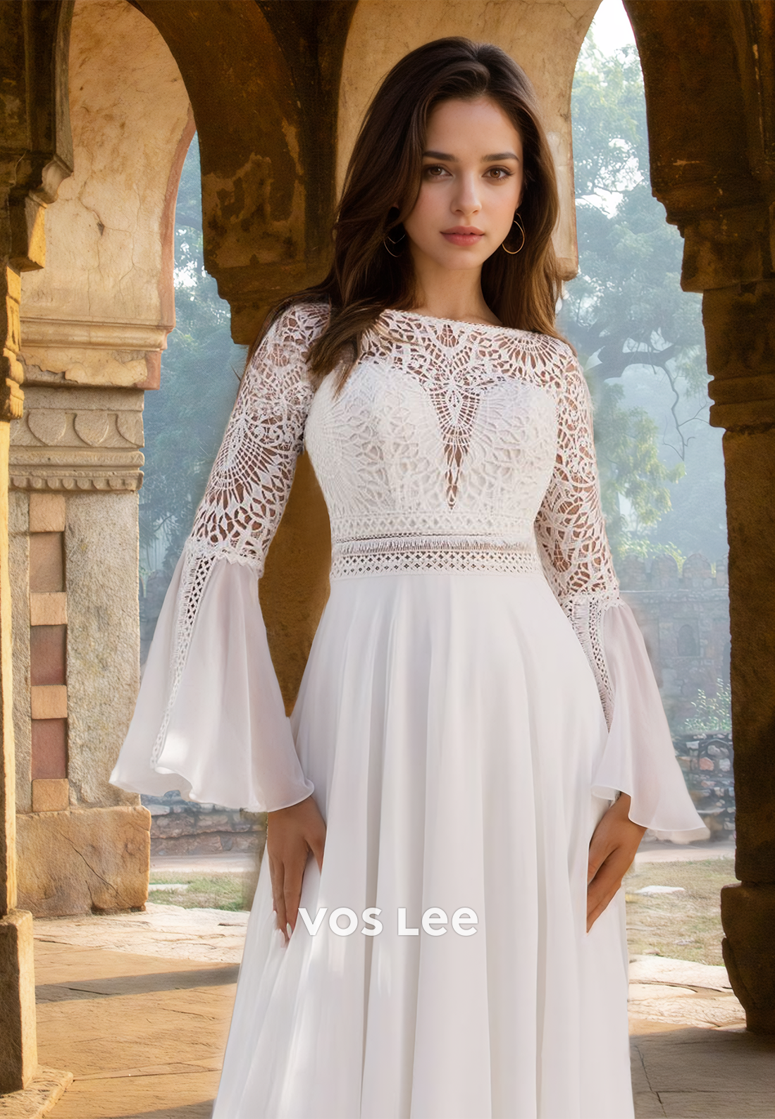 Modest A-Line Bateau Long Sleeves Backless Court Train Wedding Dress