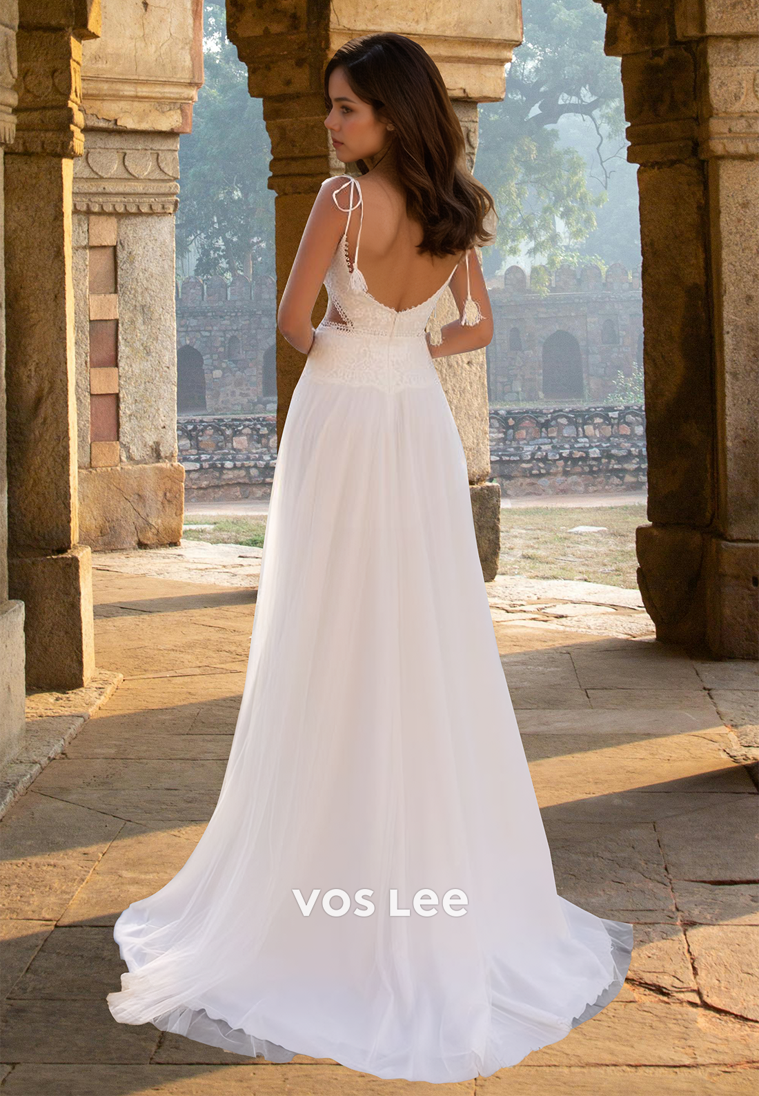 Simple A-Line V Neck Back Zipper Sweep Train Lace Wedding Dress with Split
