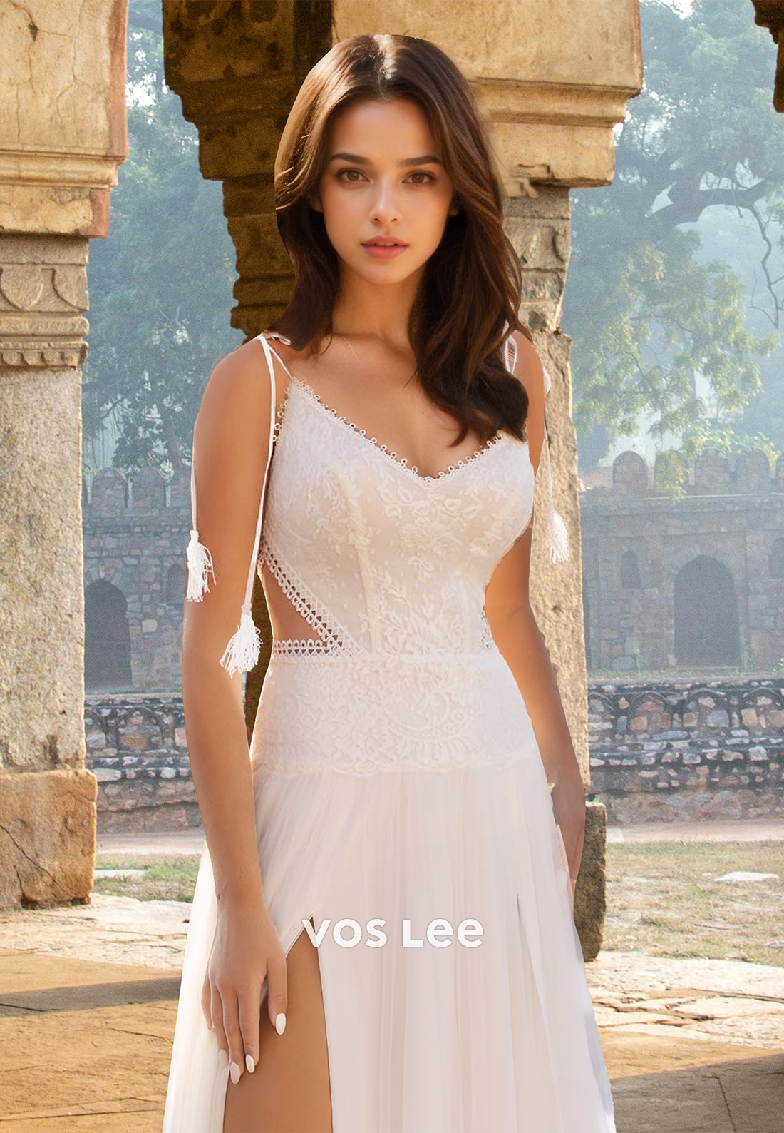 Simple A-Line V Neck Back Zipper Sweep Train Lace Wedding Dress with Split