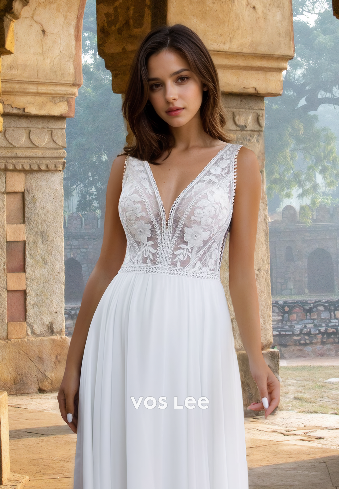 Elegant A-Line V Neck Sleeveless Lace Appliques Ruched Wedding Dress