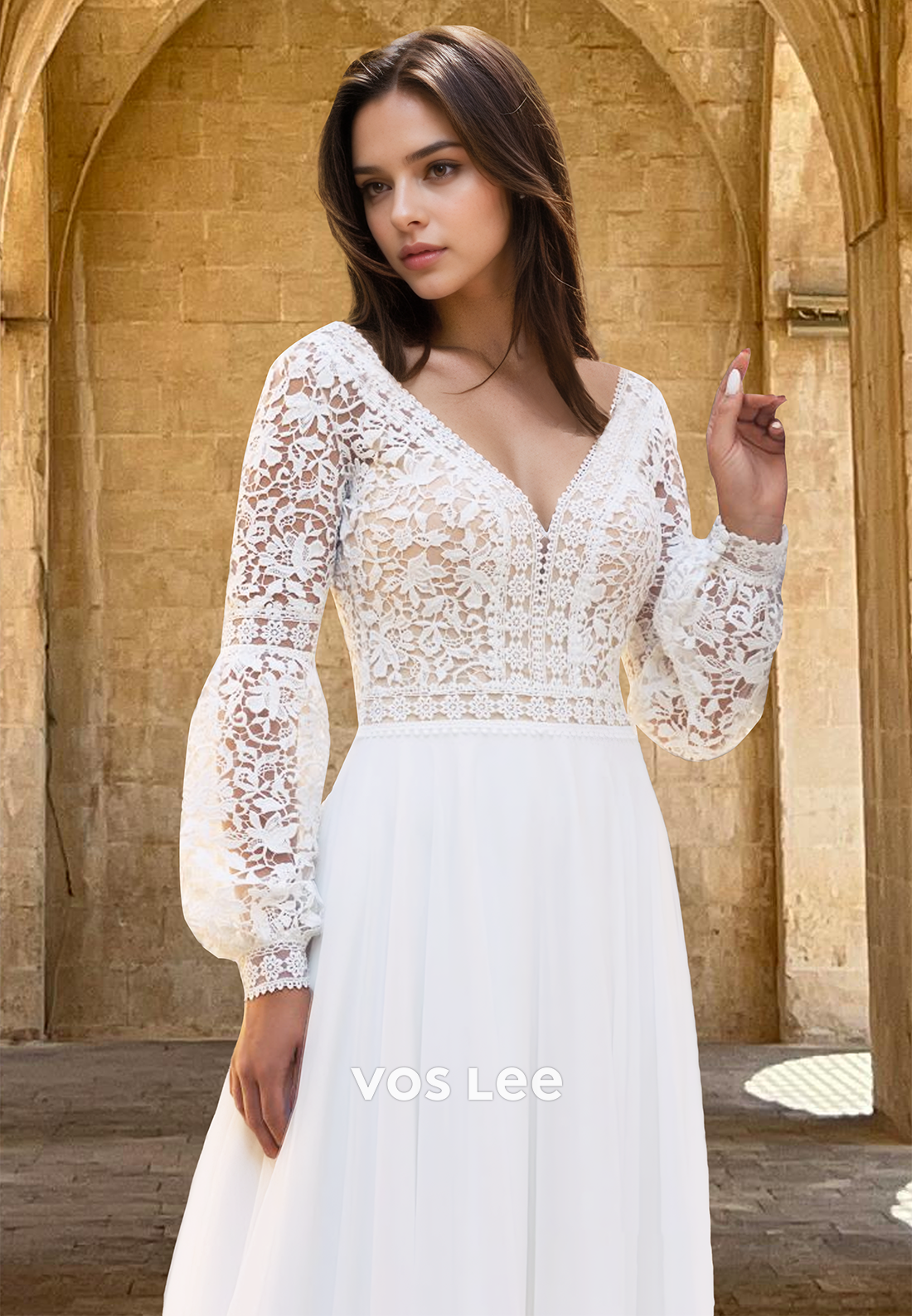 Long-Sleeves V-Neck Lace Applique Cutout Pleated Bride Gowns A-Line Cutout Chiffon Wedding Dress