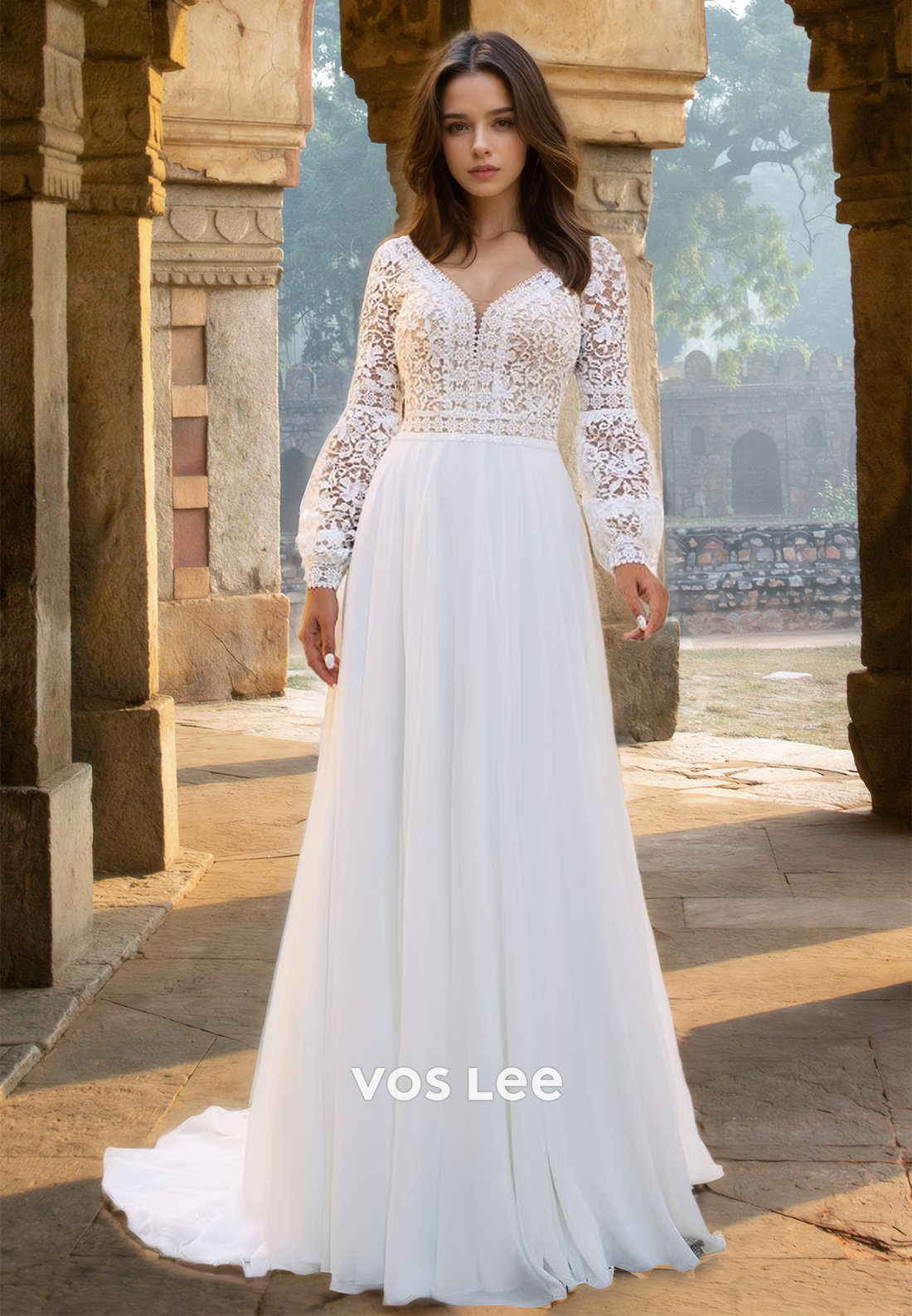 Long-Sleeves V-Neck Lace Applique Cutout Pleated Bride Gowns A-Line Cutout Chiffon Wedding Dress