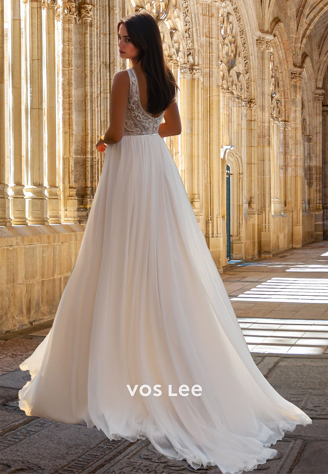 Modest A-Line V Neck Lace Appliques Back Zipper Ruched Satin Wedding Gown