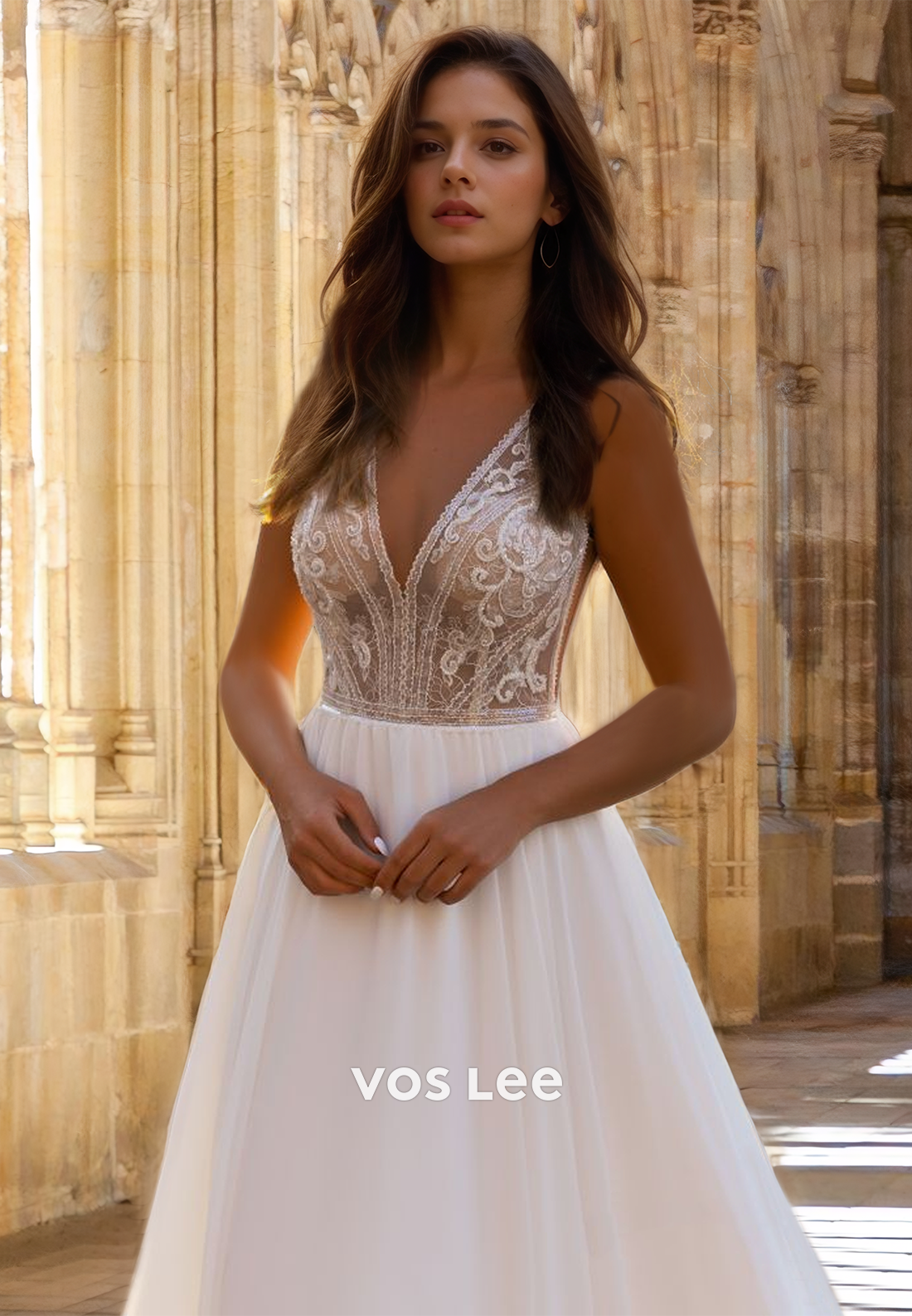 Modest A-Line V Neck Lace Appliques Back Zipper Ruched Satin Wedding Gown
