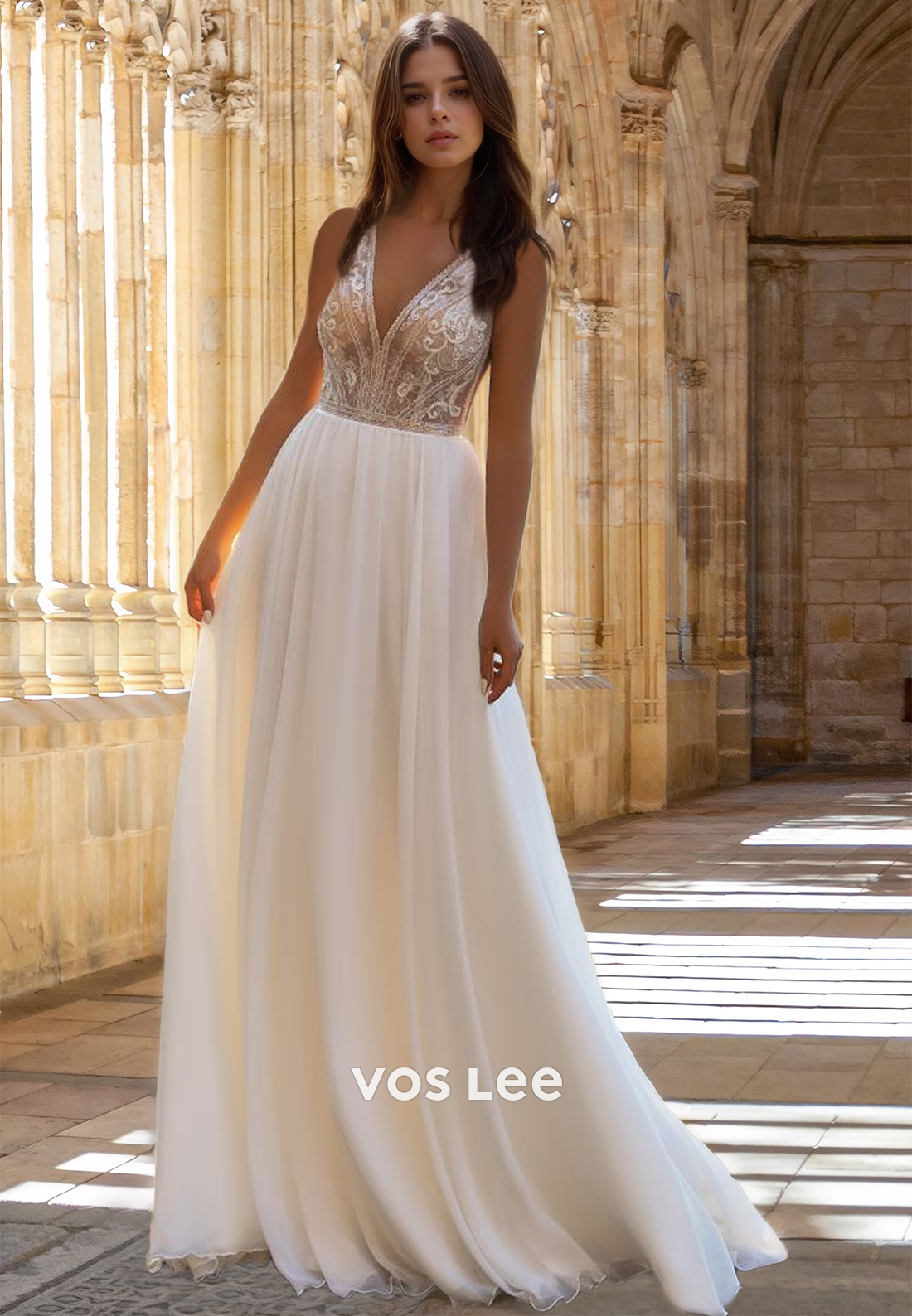 Modest A-Line V Neck Lace Appliques Back Zipper Ruched Satin Wedding Gown