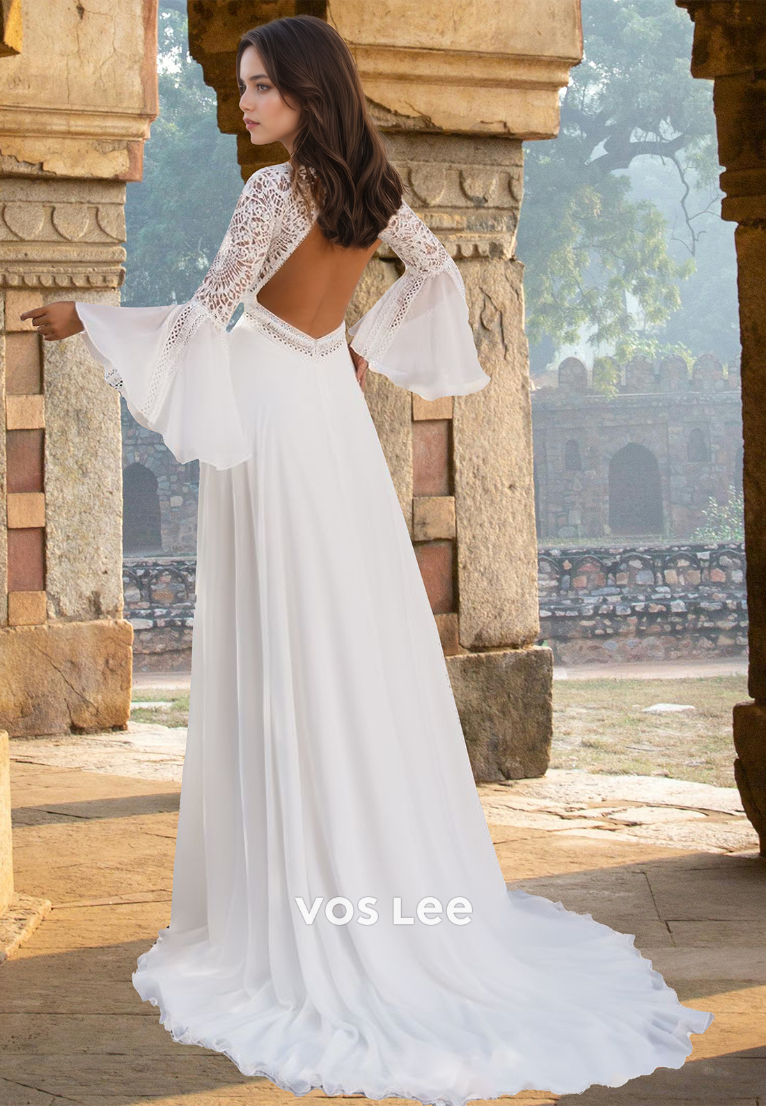 Modest A-Line Bateau Long Sleeves Backless Court Train Wedding Dress