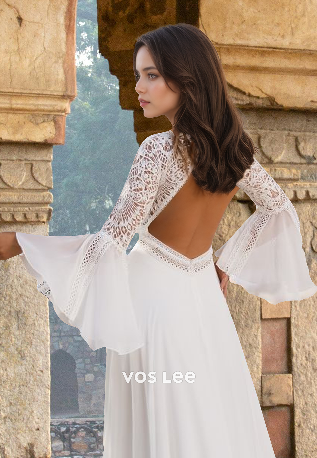 Modest A-Line Bateau Long Sleeves Backless Court Train Wedding Dress