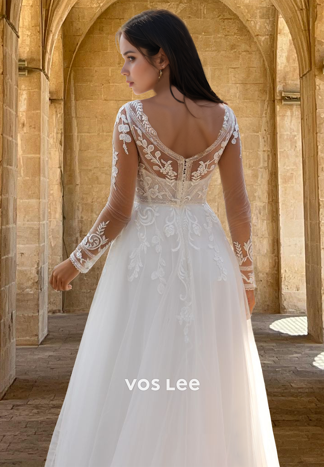 Elegant A-Line V Neck Long Sleeves Back Zipper Court Train Lace Wedding Gown