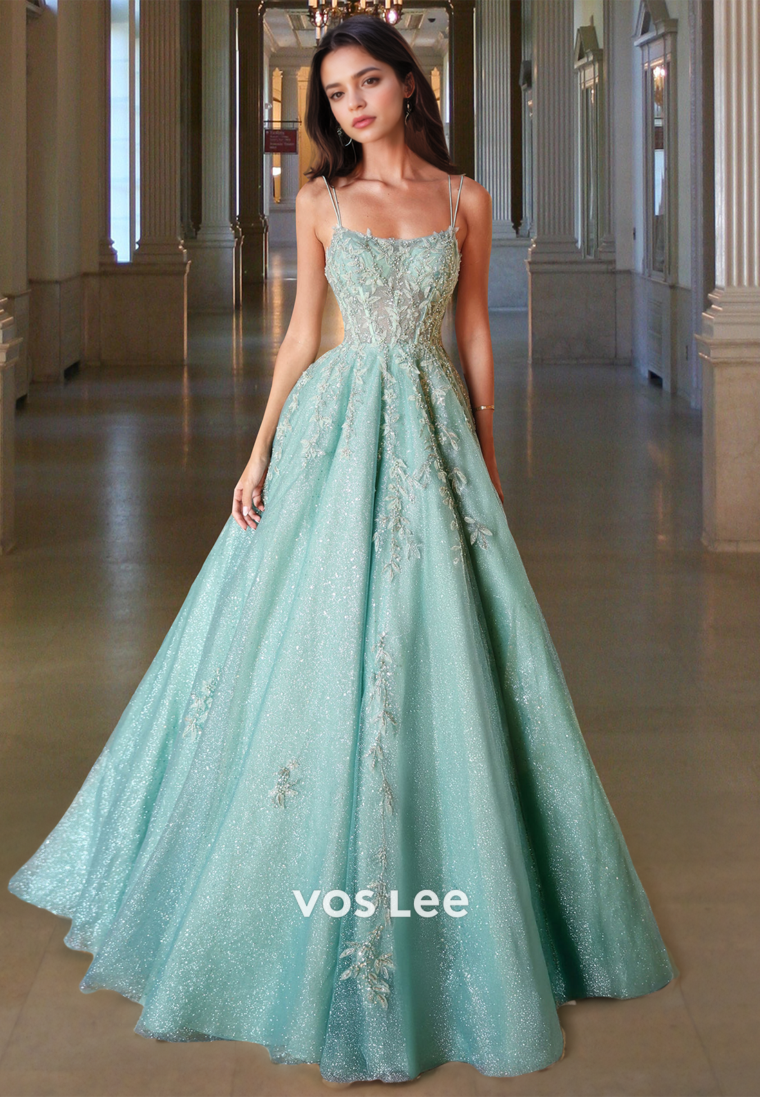 Stunning Spaghetti Straps A-Line Glitter Knit Pleats Long Party Evening Dress with Appliques