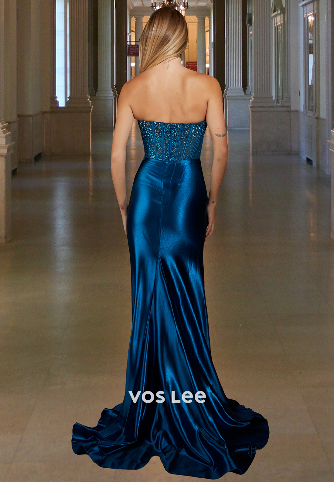 Beaded Tube Top Sleeveless Stripe Fitted Satin Formal Party Dress with High Split