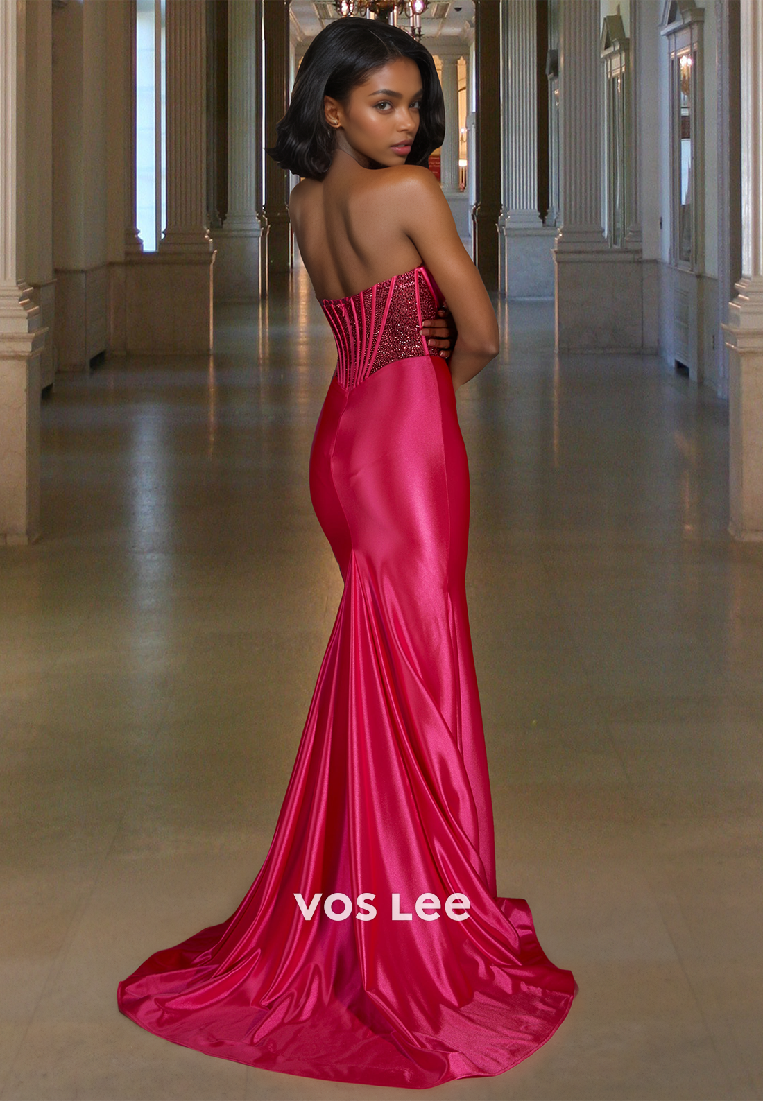 Beaded Sweetheart Mermaid Sleeveless Stripe Satin Prom Party Dress with Train