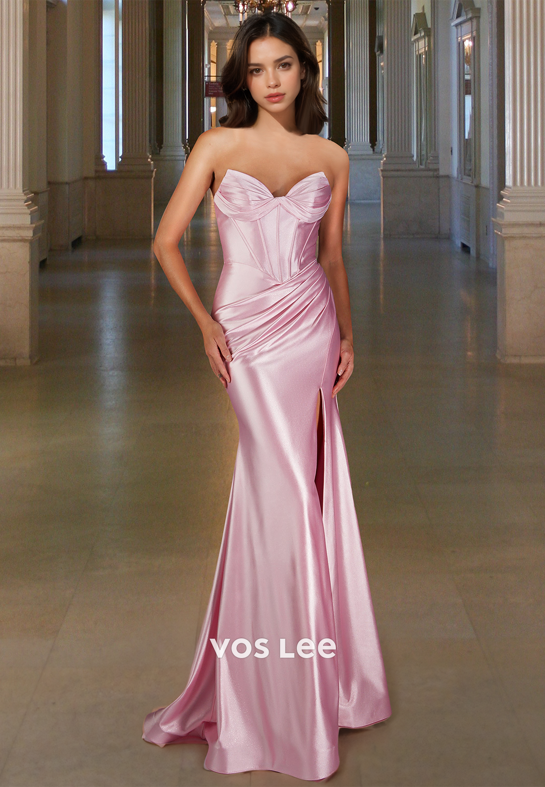 Classic Sweetheart Sheath Prom Dress Sleeveless Pleats Satin Formal Gown with Slit