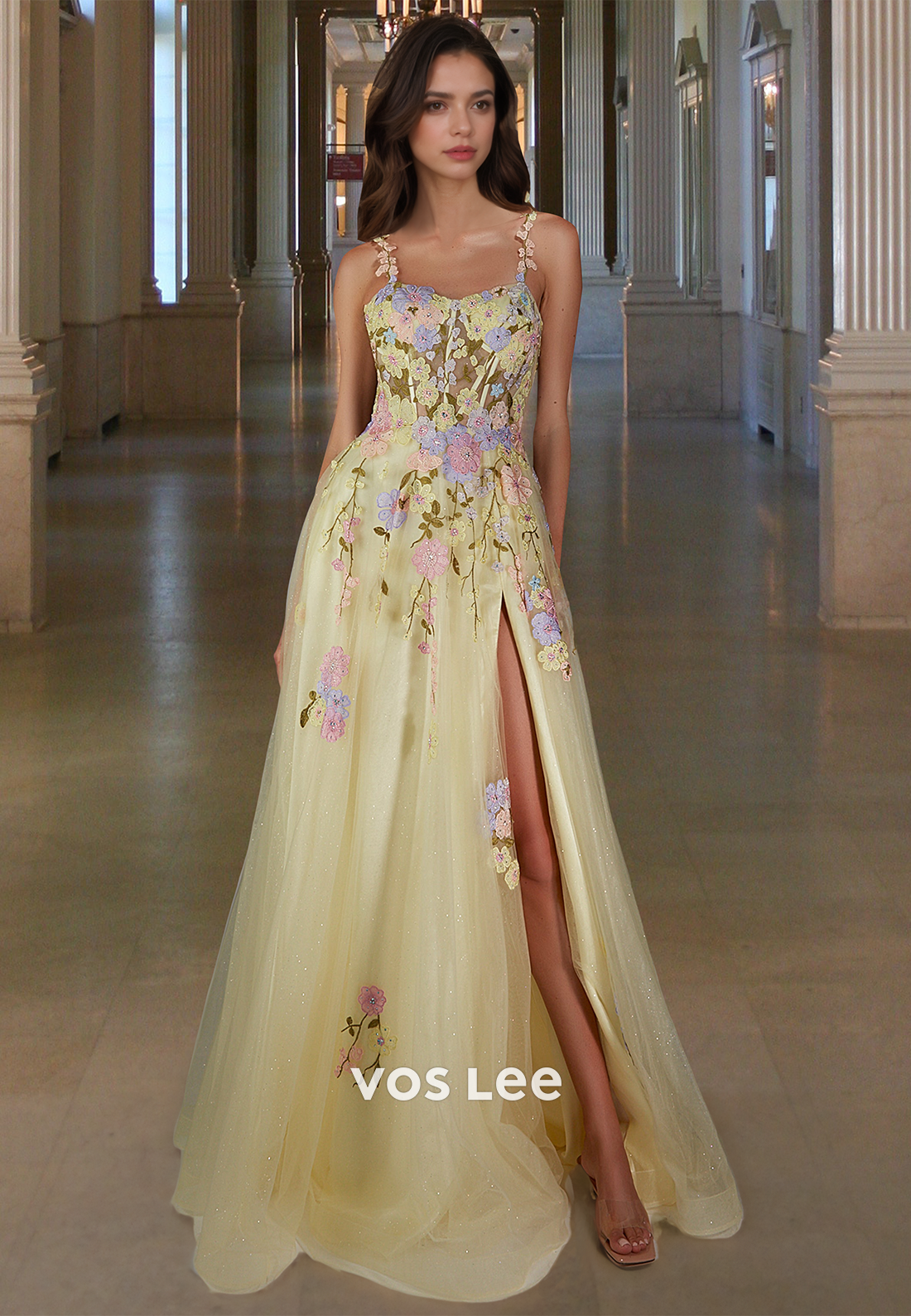 A-Line Straps High Slit Beaded Glitter Lace Pleats Evening Party Dress with Flower Appliques