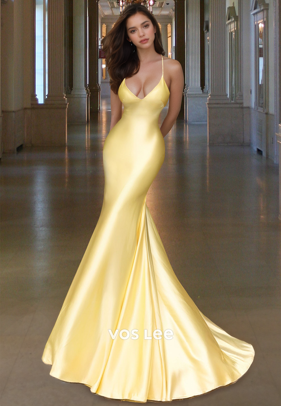 Classic Spaghetti Straps V-Neck Mermaid Satin Formal Prom Dress with Sweep Train