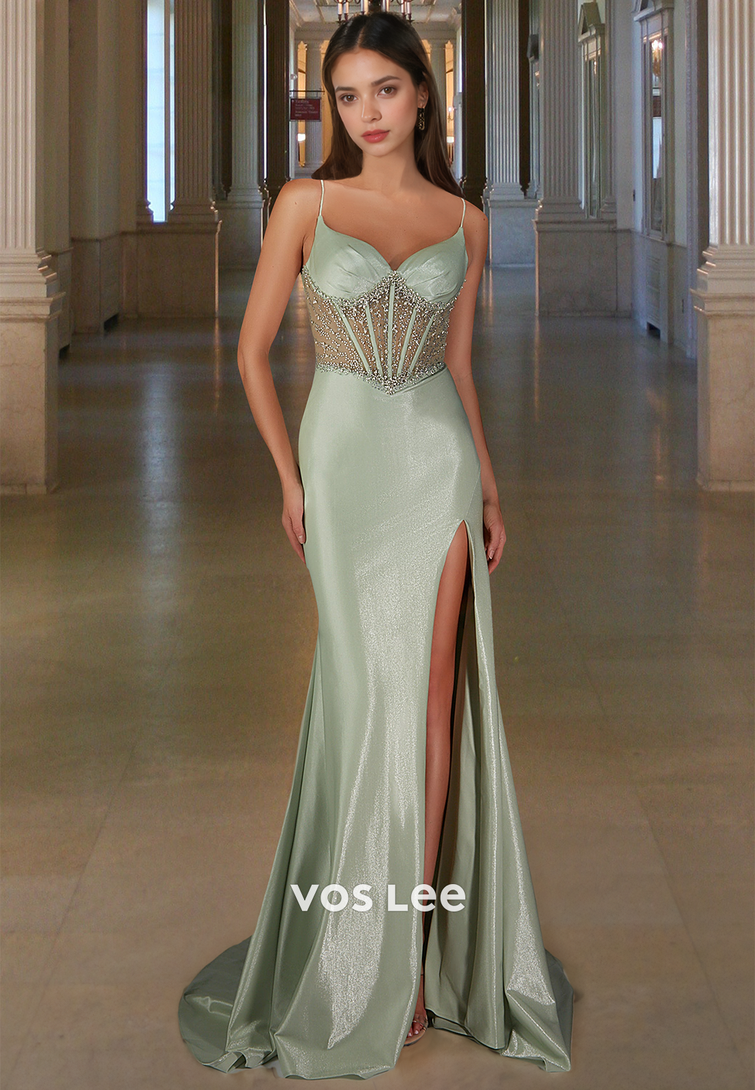 Spaghetti Straps Sweetheart Fitted Satin Side Slit Train Party Prom Dress with Beaded