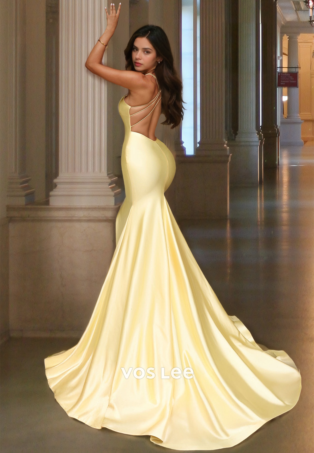 Classic Spaghetti Straps V-Neck Mermaid Satin Formal Prom Dress with Sweep Train
