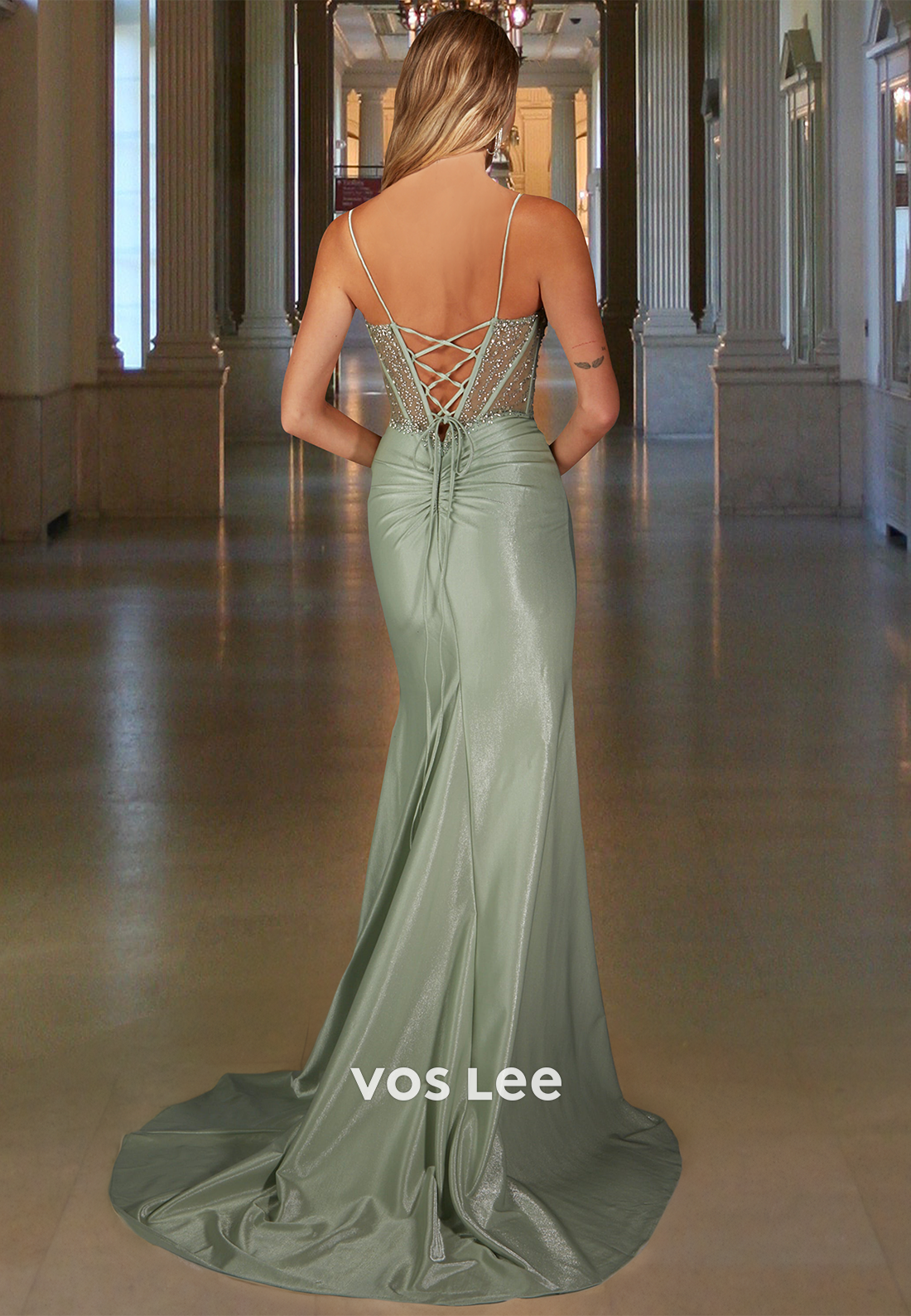 Spaghetti Straps Sweetheart Fitted Satin Side Slit Train Party Prom Dress with Beaded