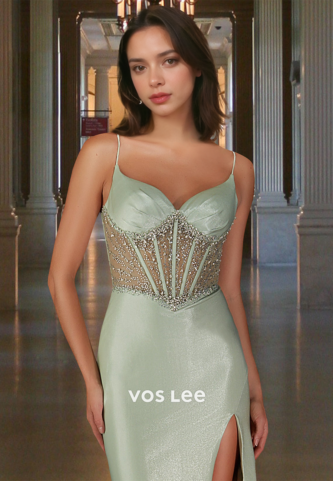 Spaghetti Straps Sweetheart Fitted Satin Side Slit Train Party Prom Dress with Beaded
