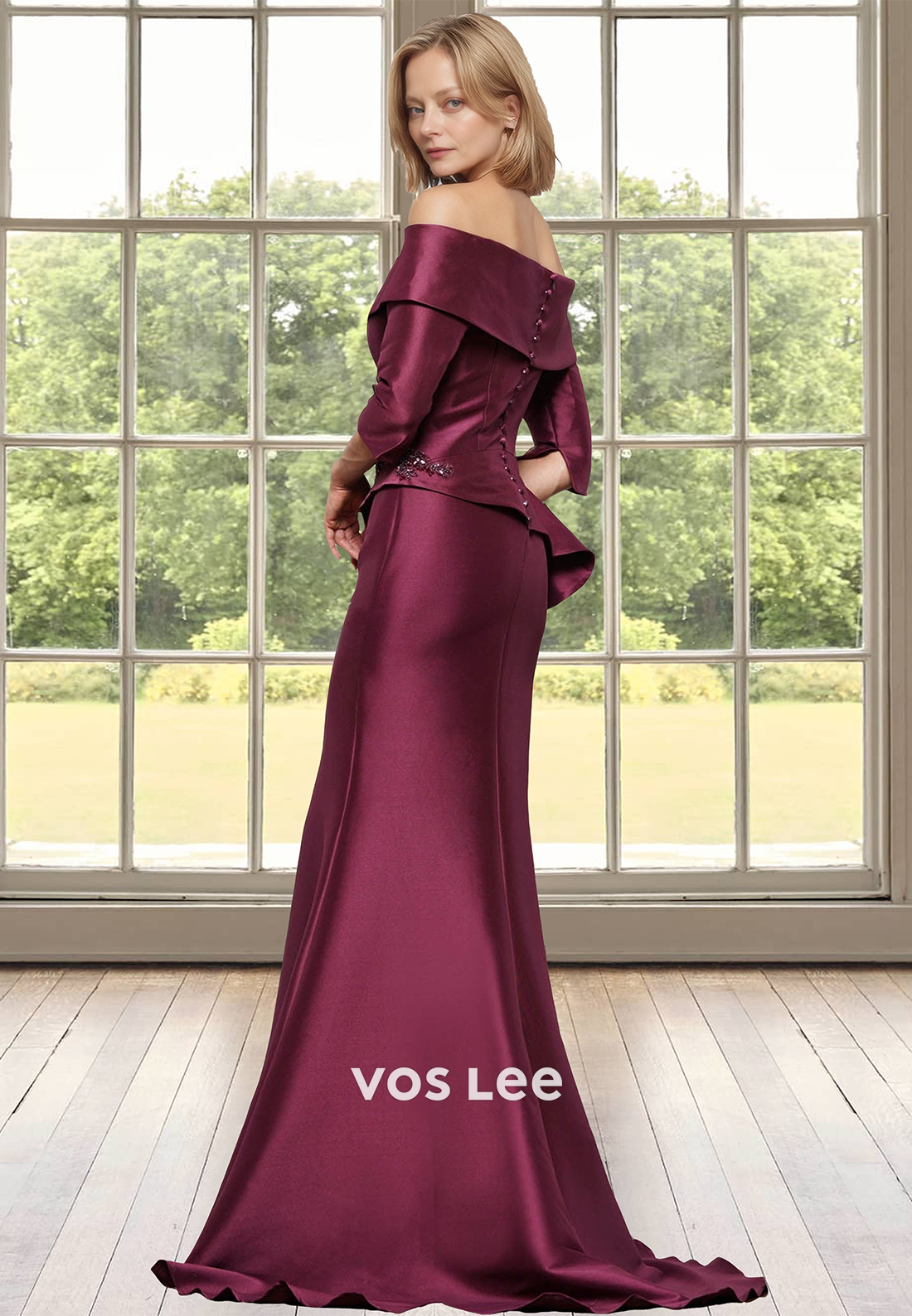 Elegant Trumpet Off Shoulder Hlaf Sleeves Lace Appliques Mother of the Bride Dress