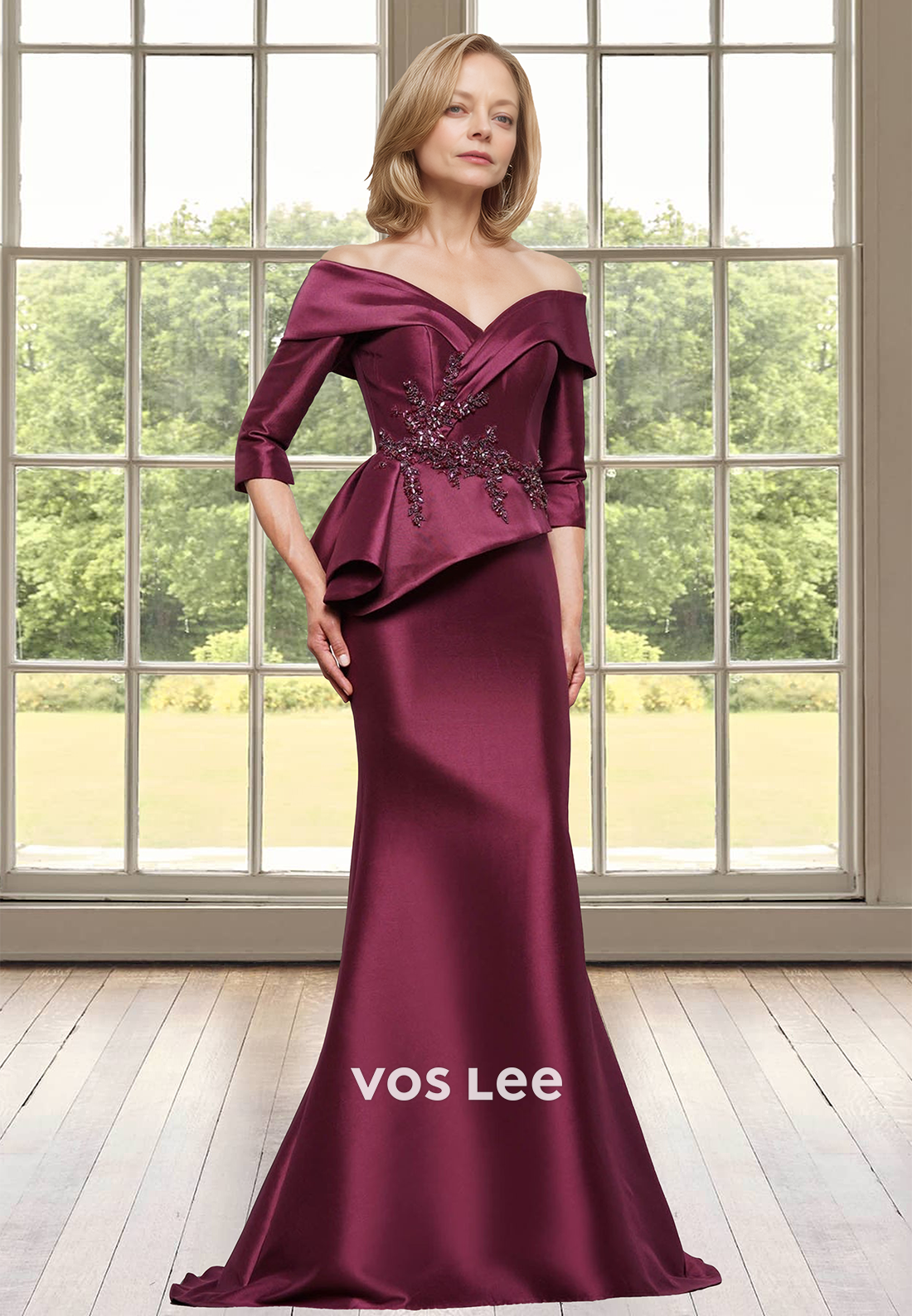 Elegant Trumpet Off Shoulder Hlaf Sleeves Lace Appliques Mother of the Bride Dress