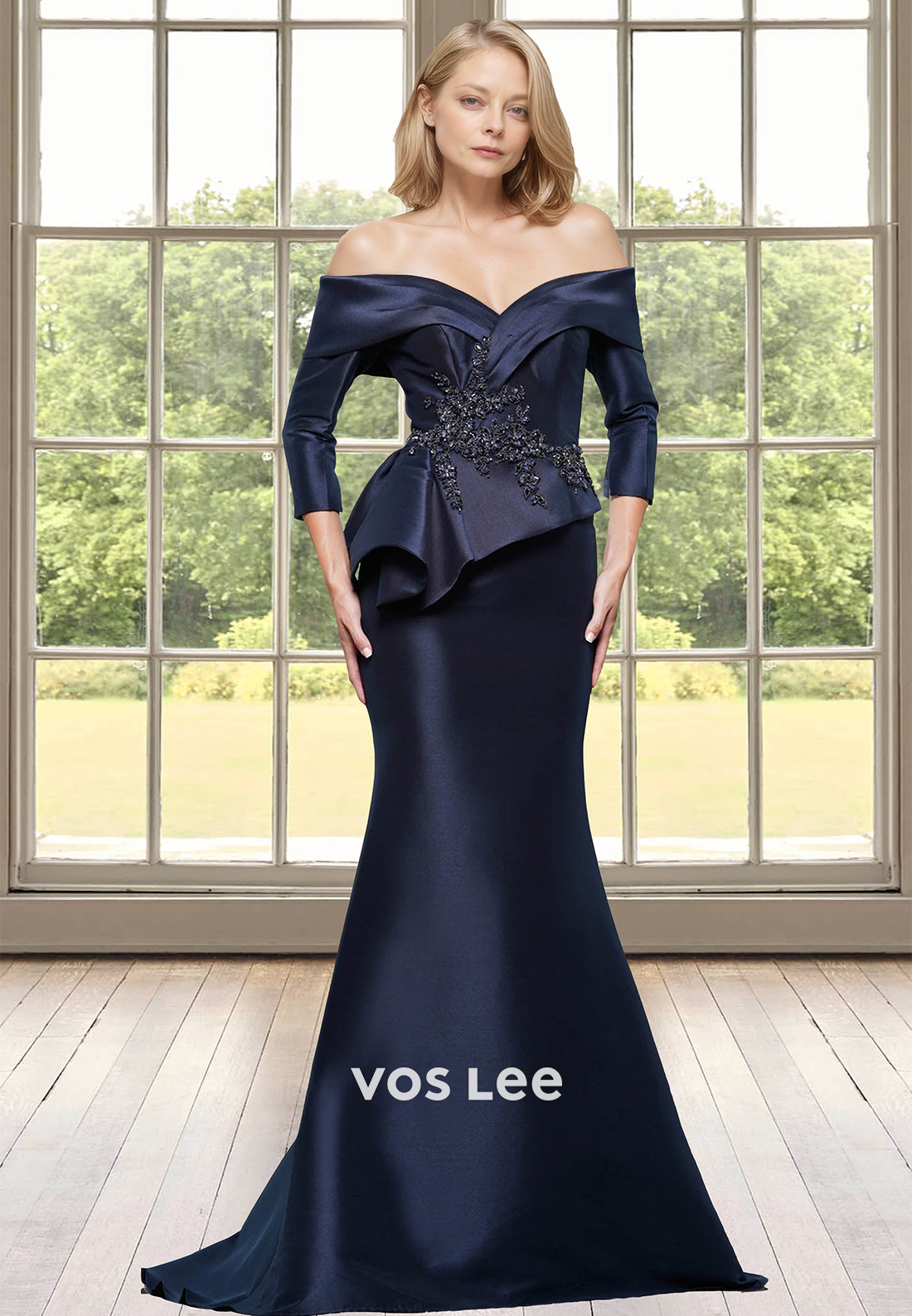 Elegant Trumpet Off Shoulder Hlaf Sleeves Lace Appliques Mother of the Bride Dress