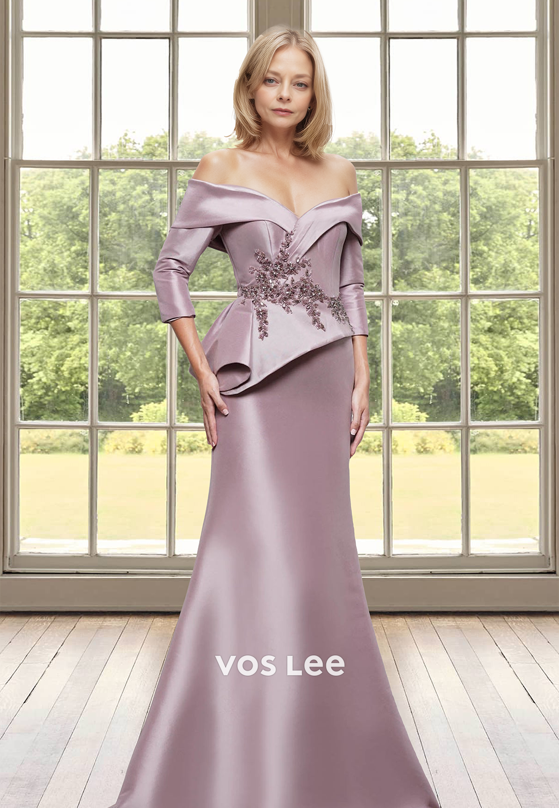 Elegant Trumpet Off Shoulder Hlaf Sleeves Lace Appliques Mother of the Bride Dress