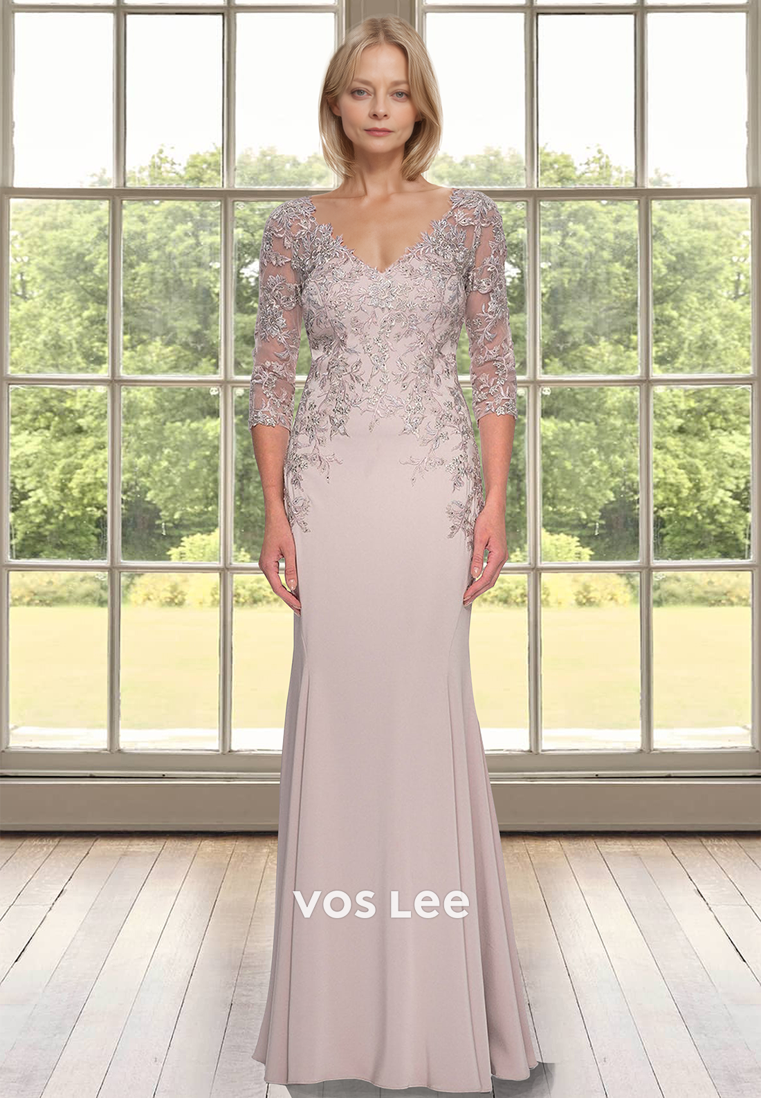 Chic Low V-Neck Sleeves Sheath Chiffon Long Mother of the Bride with Appliques Cocktail Dress