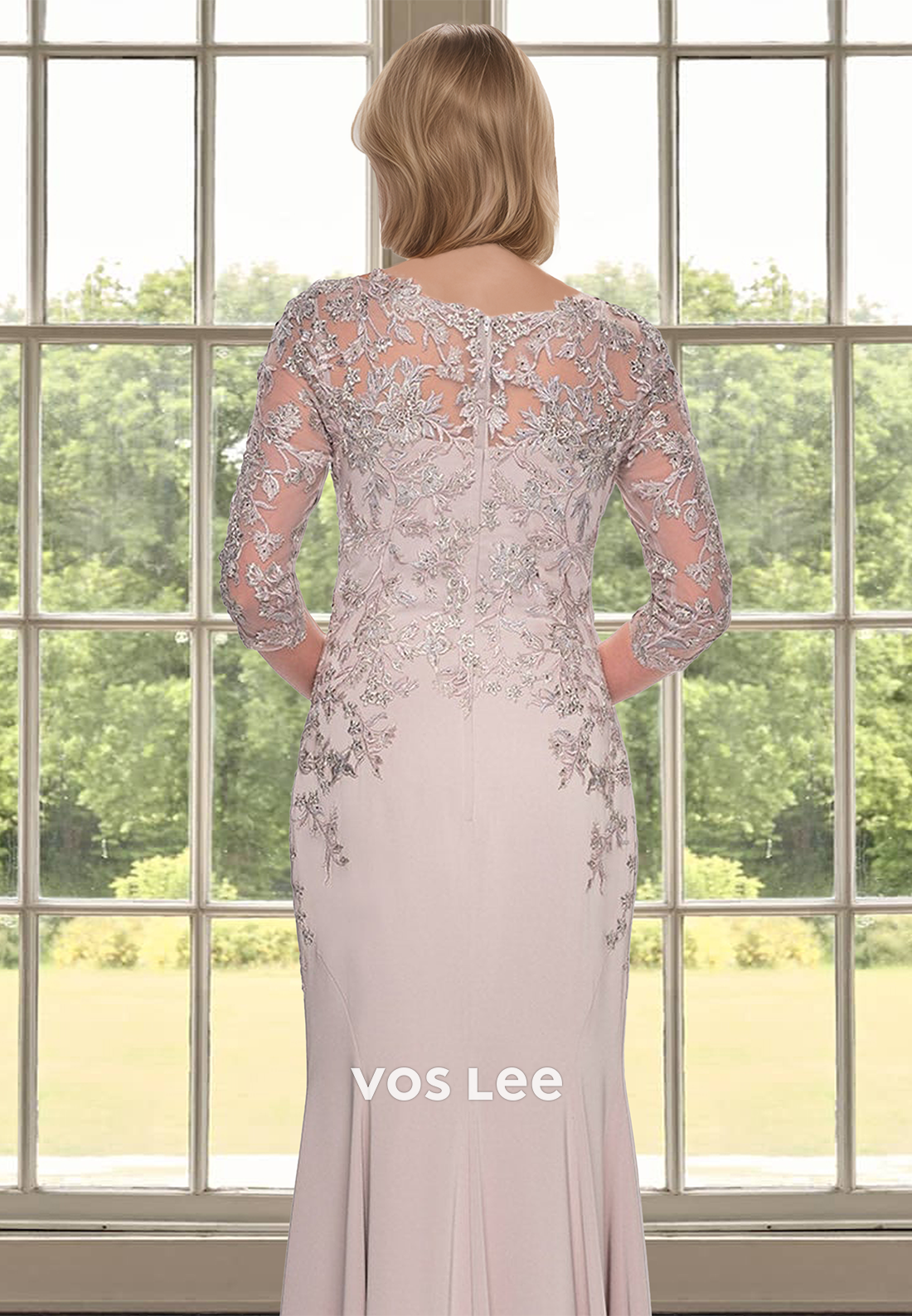 Chic Low V-Neck Sleeves Sheath Chiffon Long Mother of the Bride with Appliques Cocktail Dress