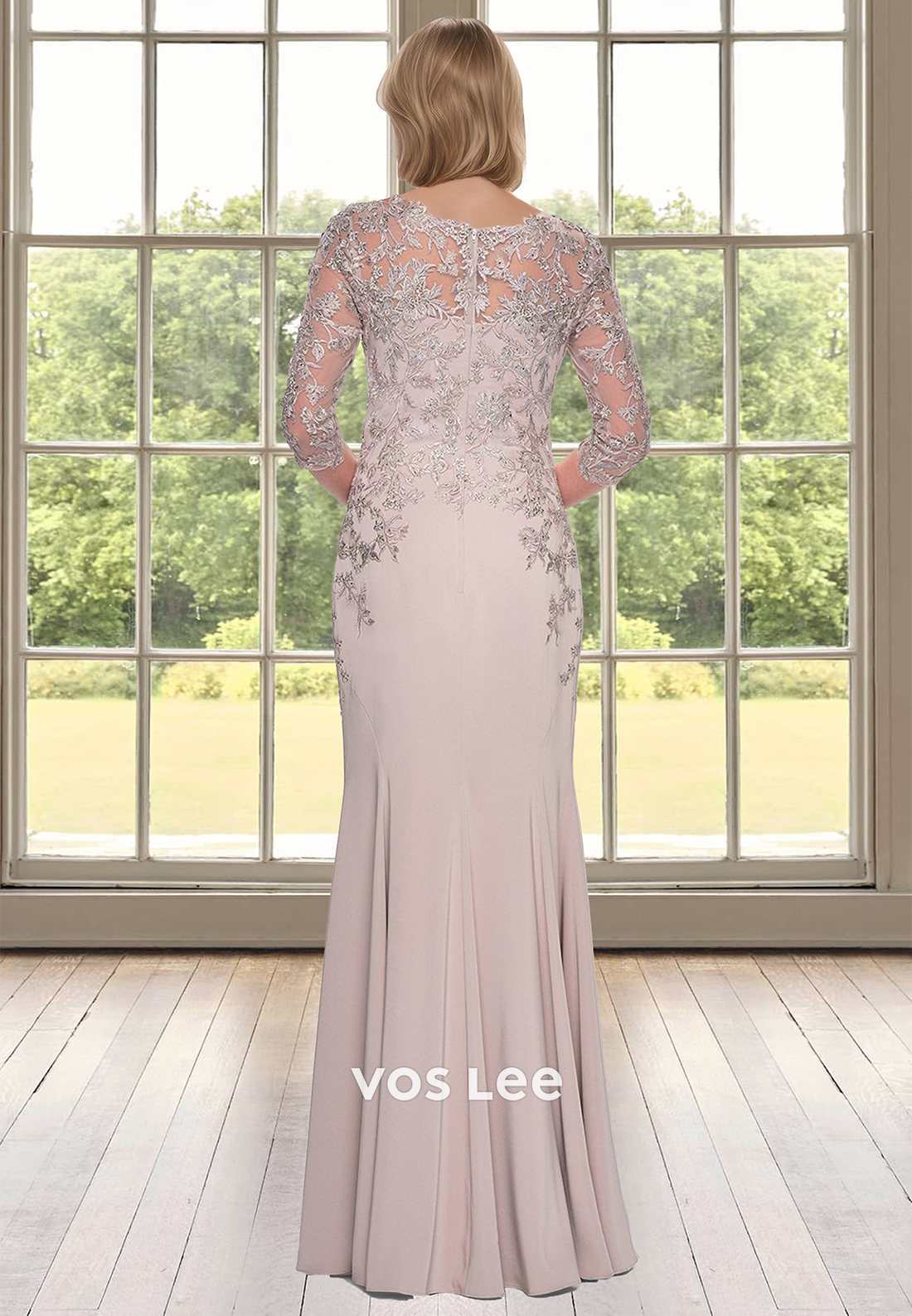 Chic Low V-Neck Sleeves Sheath Chiffon Long Mother of the Bride with Appliques Cocktail Dress