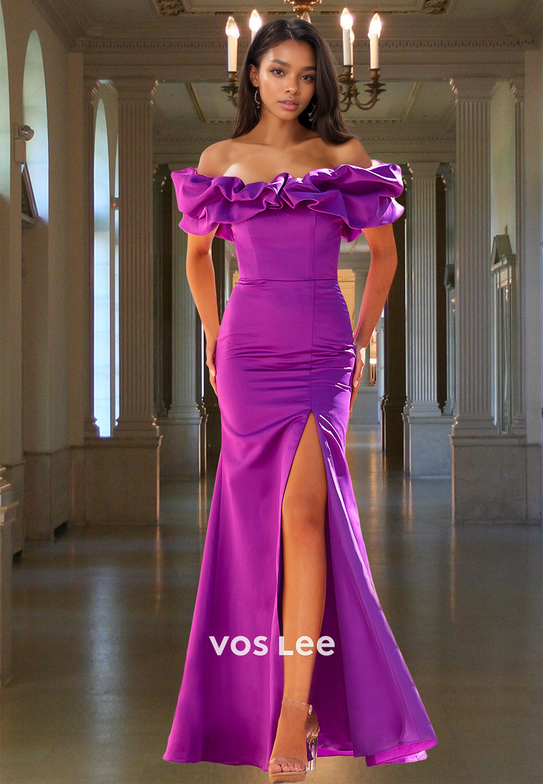 Striking Strapless Mermaid Prom Dress Sleeveless Pleats Satin Formal Gowns with Side Slit