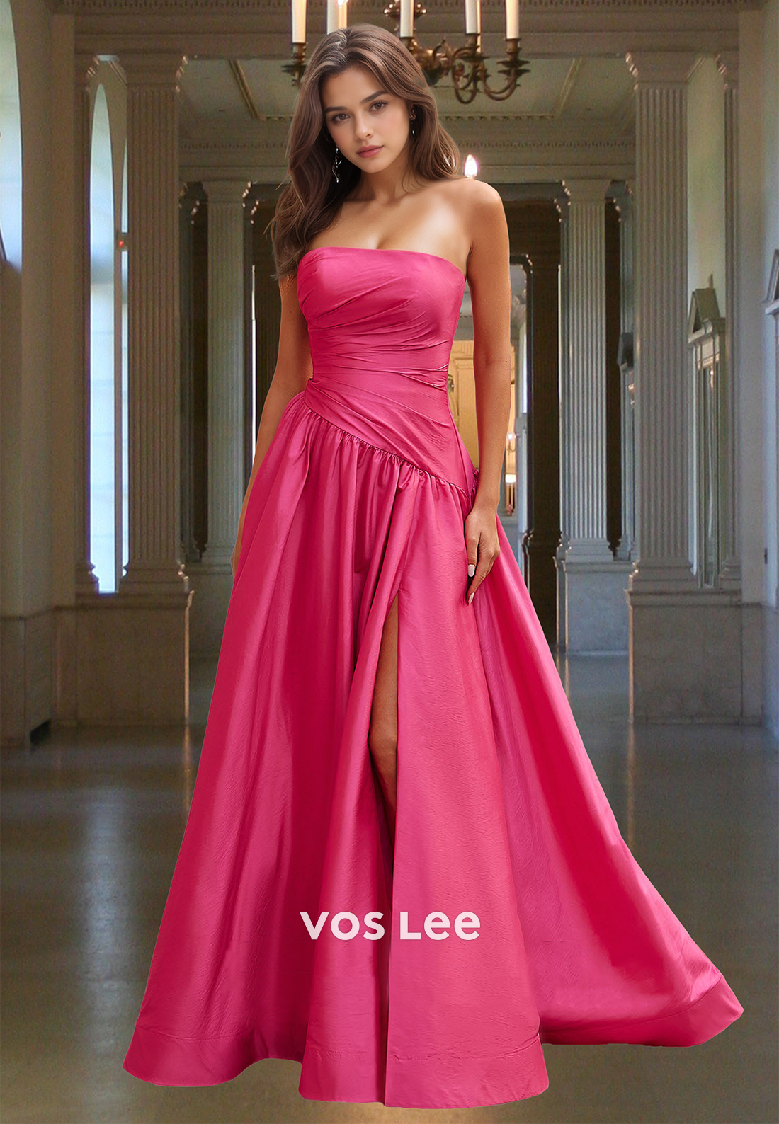 Vintage A-Line Strapless High Split Sweep Train Draped Satin Prom Party Dress
