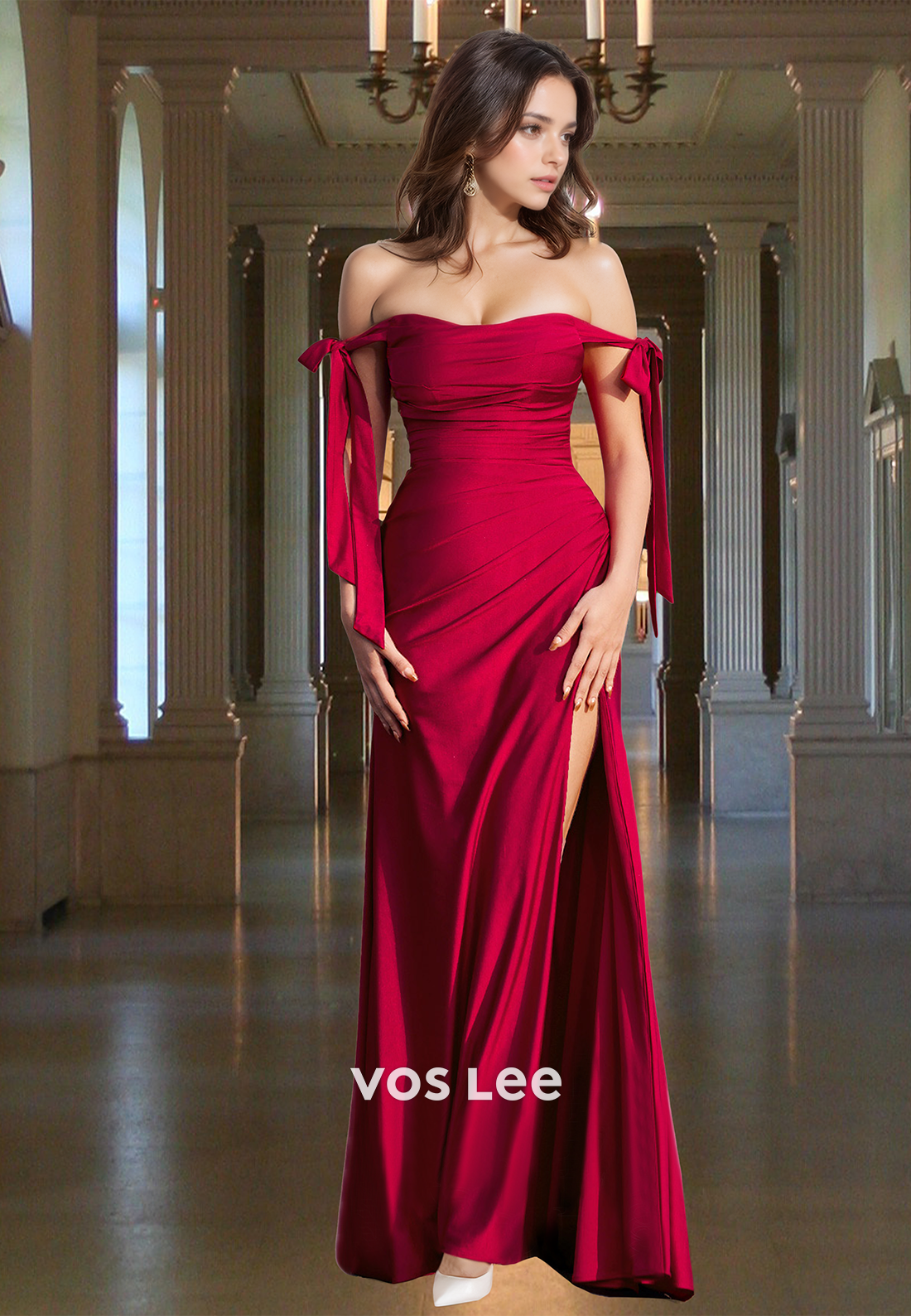 Modest Column Off Shoulder Side Split Sweep Train Satin Prom Evening Dress