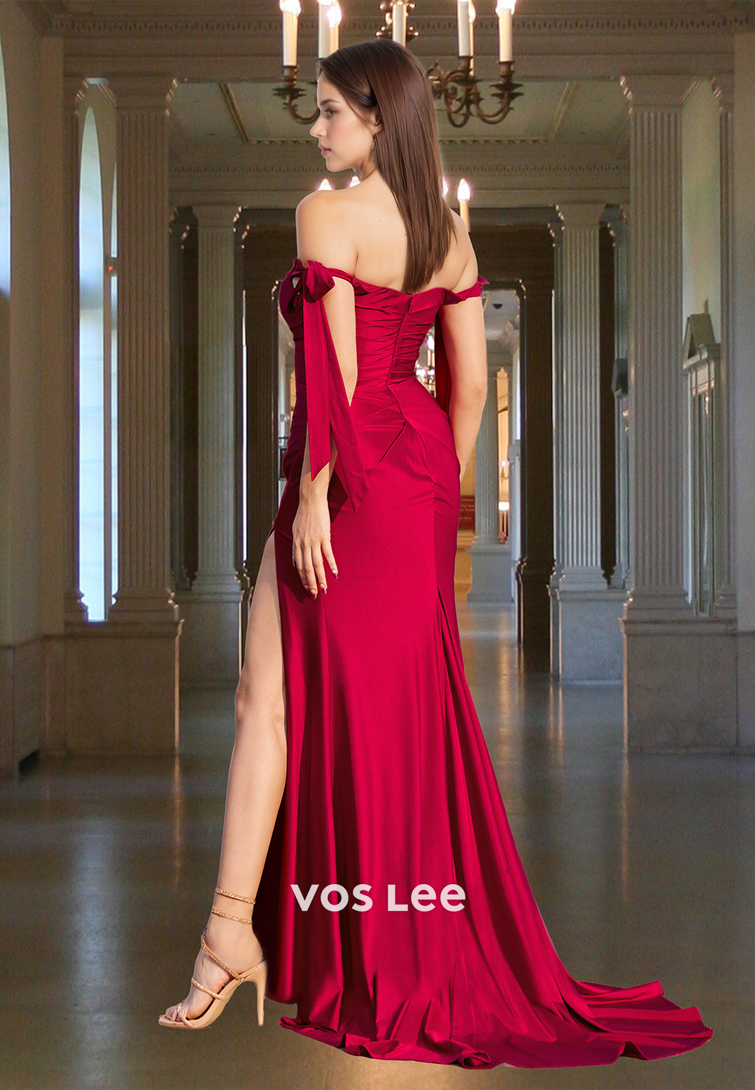 Modest Column Off Shoulder Side Split Sweep Train Satin Prom Evening Dress