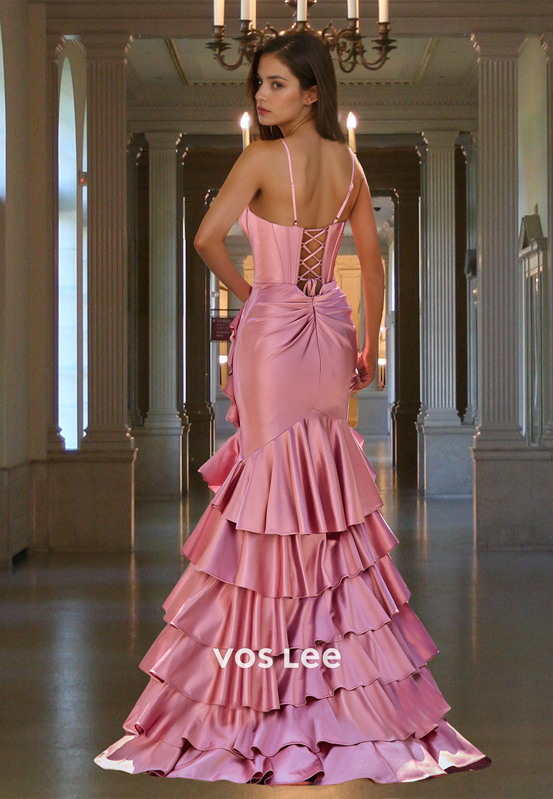 Unique Sheath V Neck Lace Up Sleeveless Trumpet Tiered Satin Prom Party Dress