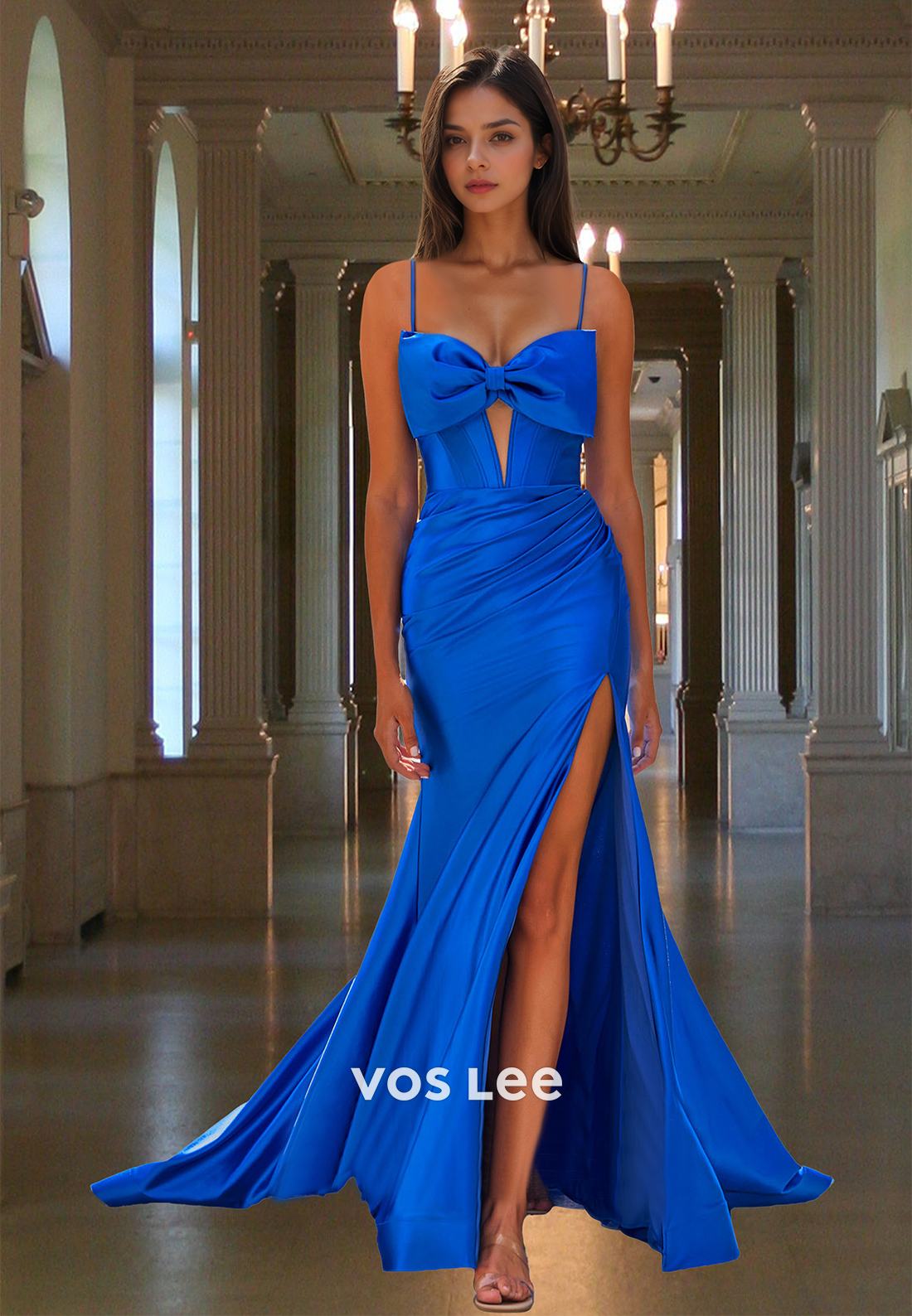 Royal Blue Trumpet Sweetheart Lace Up High Split Draped Satin Prom Formal Dress