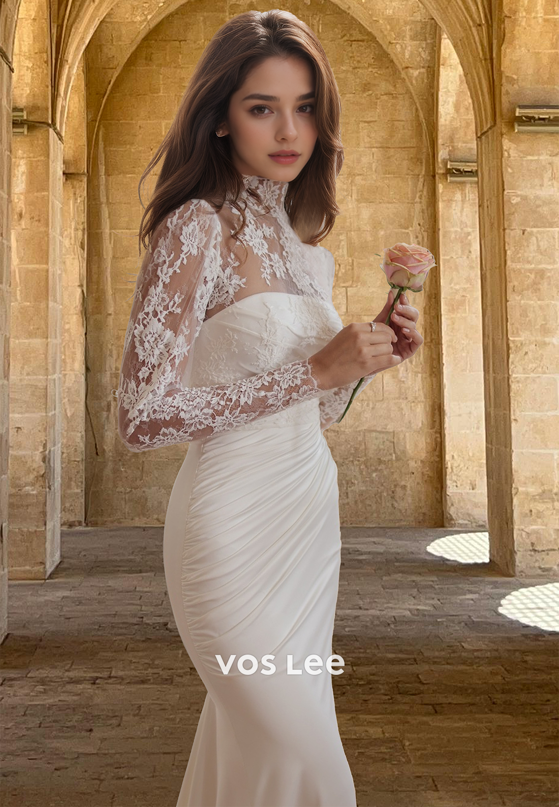 Elegant Sheath High Neck Long Sleeves Lace Appliques Satin Wedding Dress