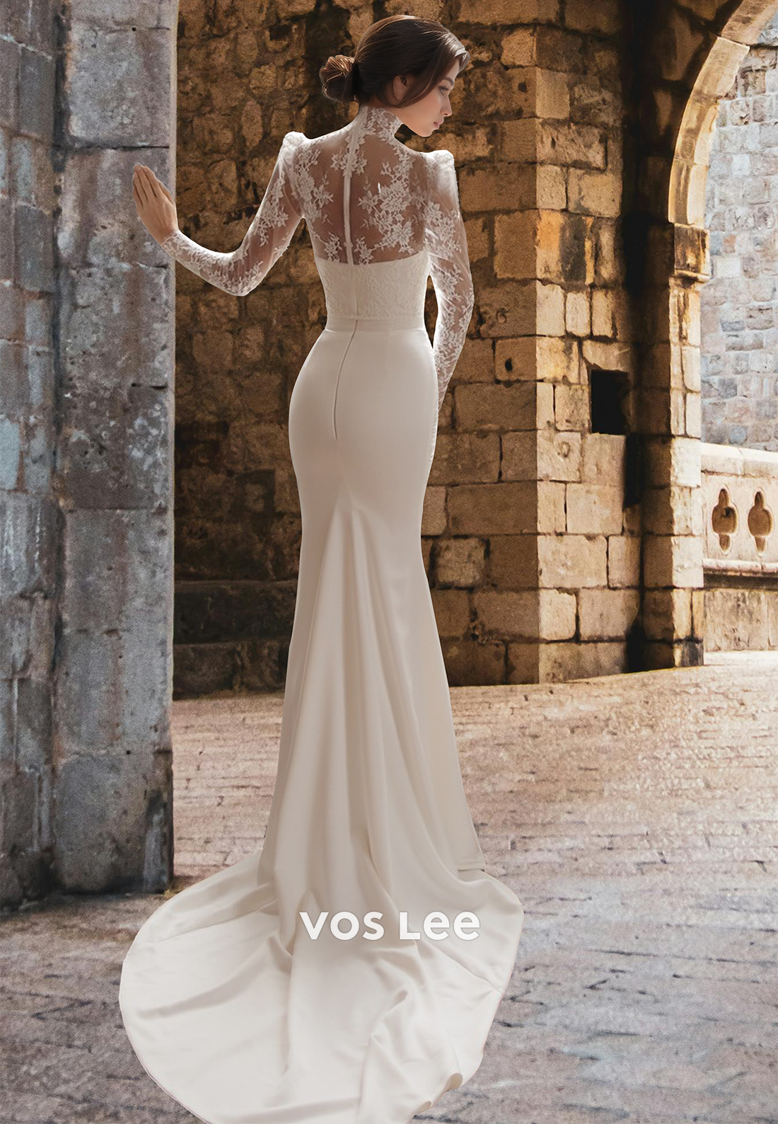 Elegant Sheath High Neck Long Sleeves Lace Appliques Satin Wedding Dress