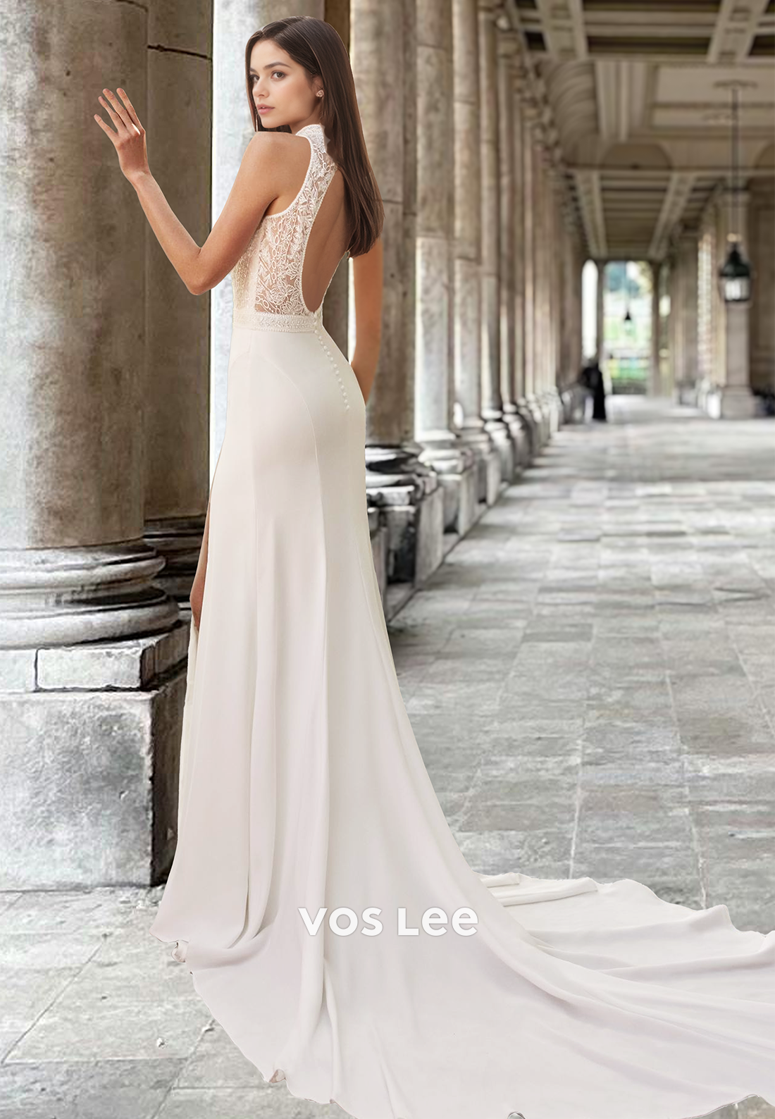 Simple Column High Neck Side Split Backless Lace Draped Wedding Bride Dress