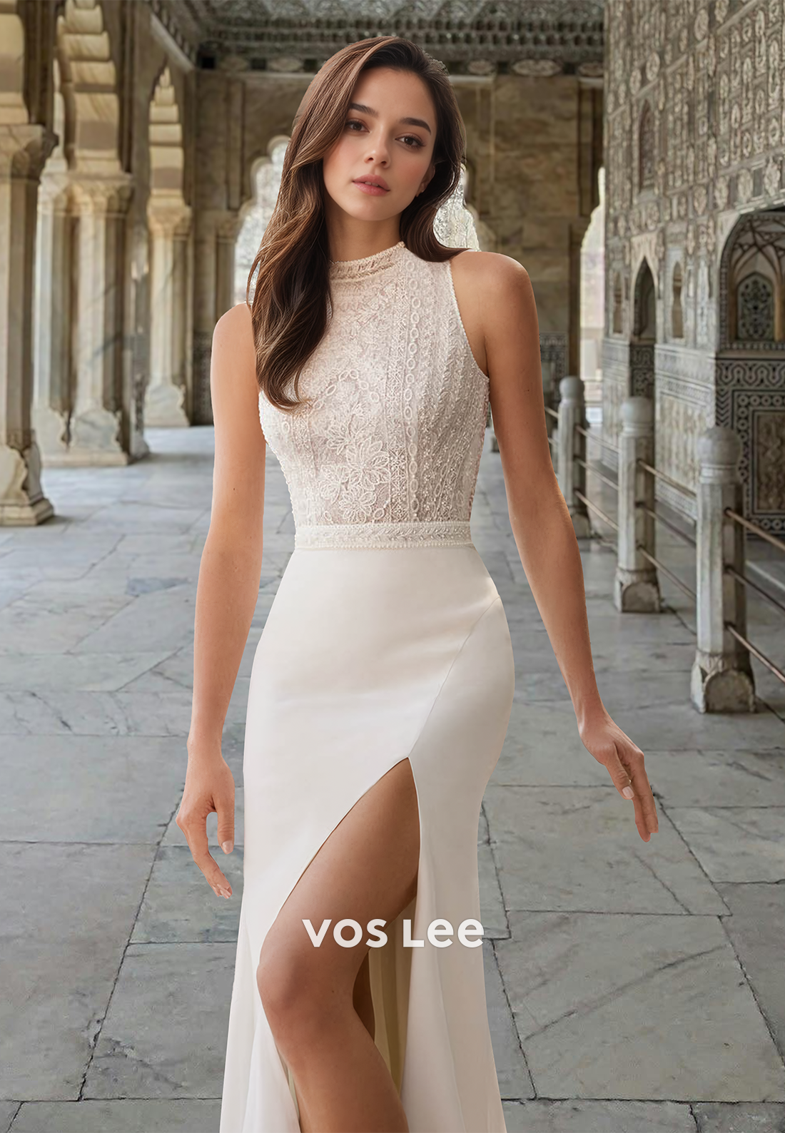 Simple Column High Neck Side Split Backless Lace Draped Wedding Bride Dress