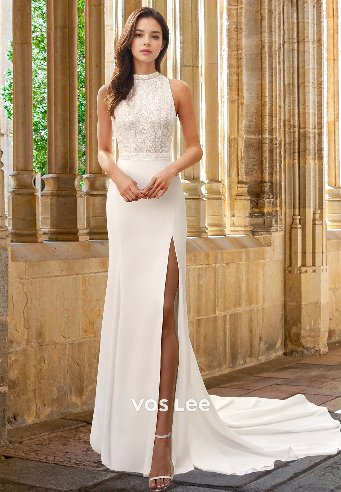 Simple Column High Neck Side Split Backless Lace Draped Wedding Bride Dress